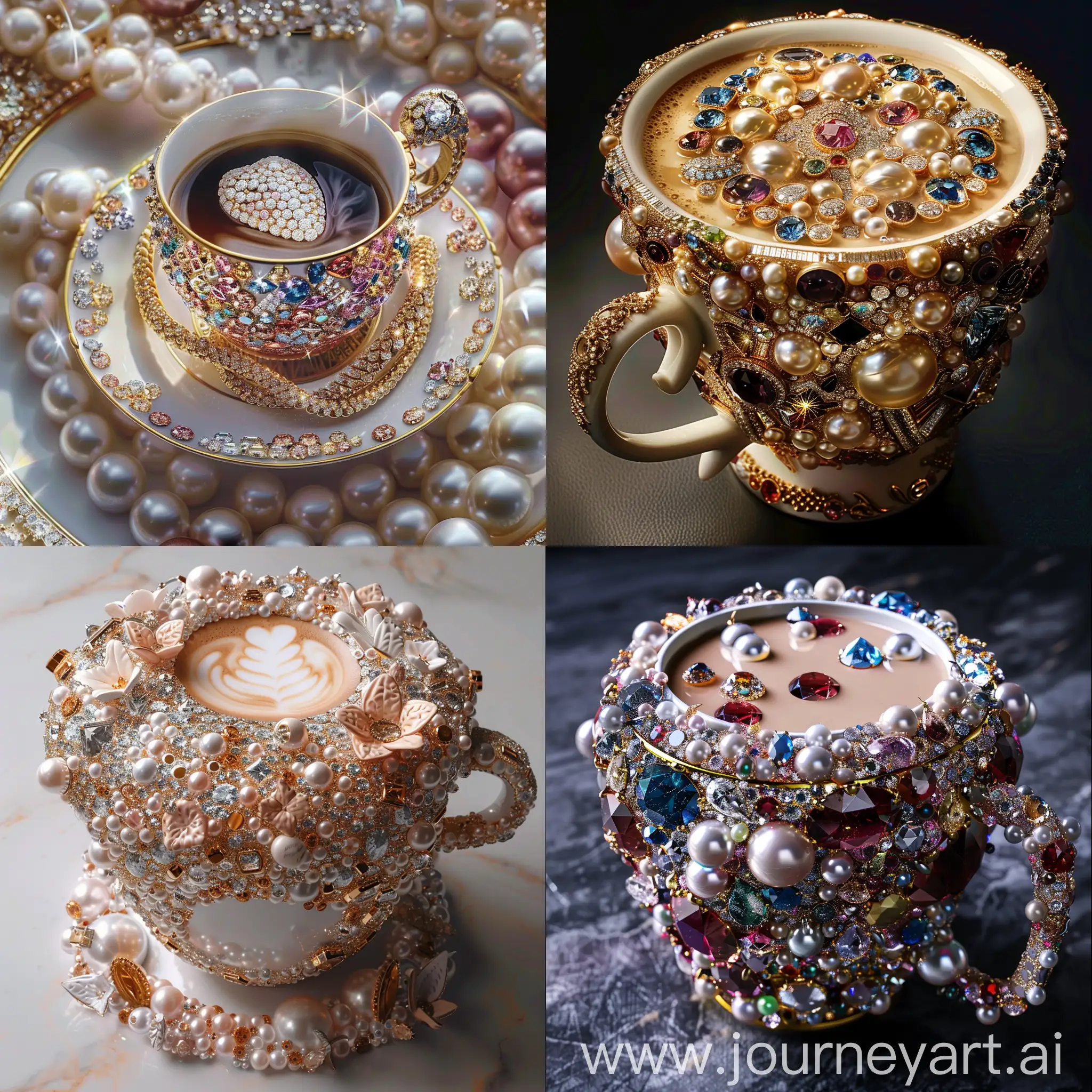 a cup of coffee with jewels, pearls and diamonds, in the style of iconic works of art history, colorized, yankeecore, i can't believe how beautiful this is, gemstone, oversized objects, sabattier effect