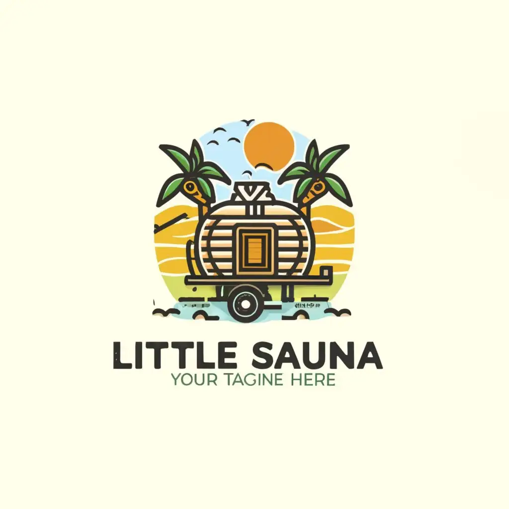 a logo design,with the text 'Little Sauna', main symbol:Barrel sauna on a trailer, summer vibe, beach, island, tropical,complex,be used in Beauty Spa industry,clear background