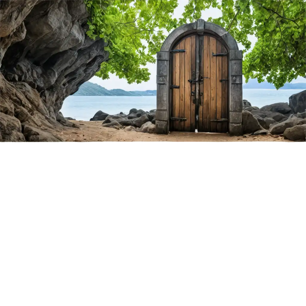 ilha misteriosa com porta antiga de madeira fechada.