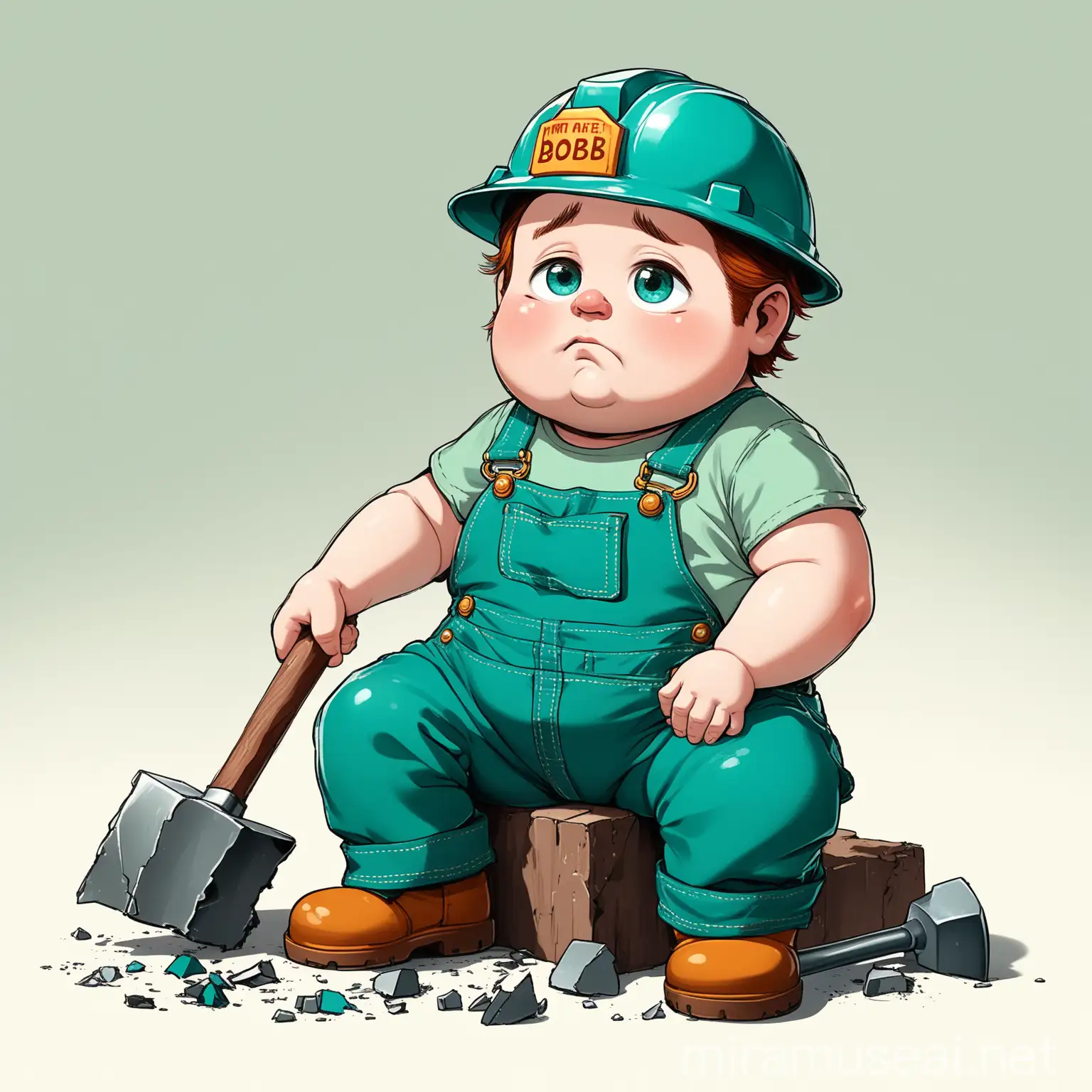 Appearance:

A chubby, short dwarf with a round face, rosy cheeks, and a small nose.
Large, expressive eyes with a sad expression and possibly a single tear to emphasize the sadness.
Short, thick limbs with stubby fingers and toes.
Clothing:

A teal-colored shirt with short sleeves.
Lawngreen overalls with large buttons on the straps.
Brown work boots that look well-worn and slightly oversized for a comical effect.
A teal construction hat with a slightly oversized brim, slightly tilted on his head.
Accessories:

A broken hammer lying beside him on the floor, with the handle snapped in half and the head of the hammer tilted.
A name tag or patch on the stomach area of his overalls with the name "BOB" written in a bold, friendly font.
Pose and Expression:

The dwarf is sitting on the floor with his legs spread out in front of him.
His arms are resting on his legs, with his hands drooping down.
A sad, forlorn expression on his face, looking down at the broken hammer.
Background:

A clean, white background to make the character stand out.
Optional: Simple, subtle elements like a faint shadow beneath him to ground the character.
Theme Colors:

Teal for the shirt and construction hat.
Lawngreen for the overalls.
Brown for the boots.
The background should remain white to keep the focus on the character and emphasize the colors.