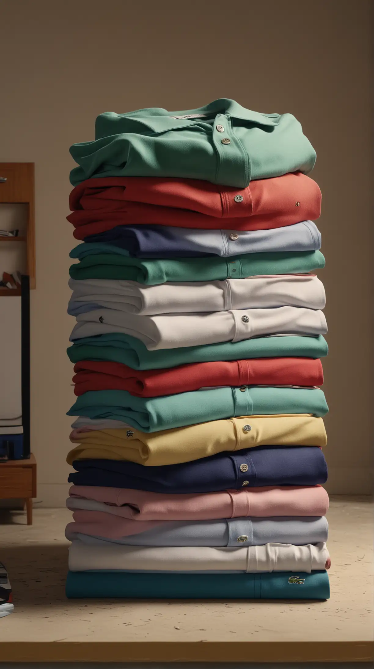 some Lacoste colorful polo shirts, folded nicely, small piles, inside egyptian house, modern high tech furniture, cinematic light, ultra realistic, arri camera, film roll, 8k, best possible realism, female clothes