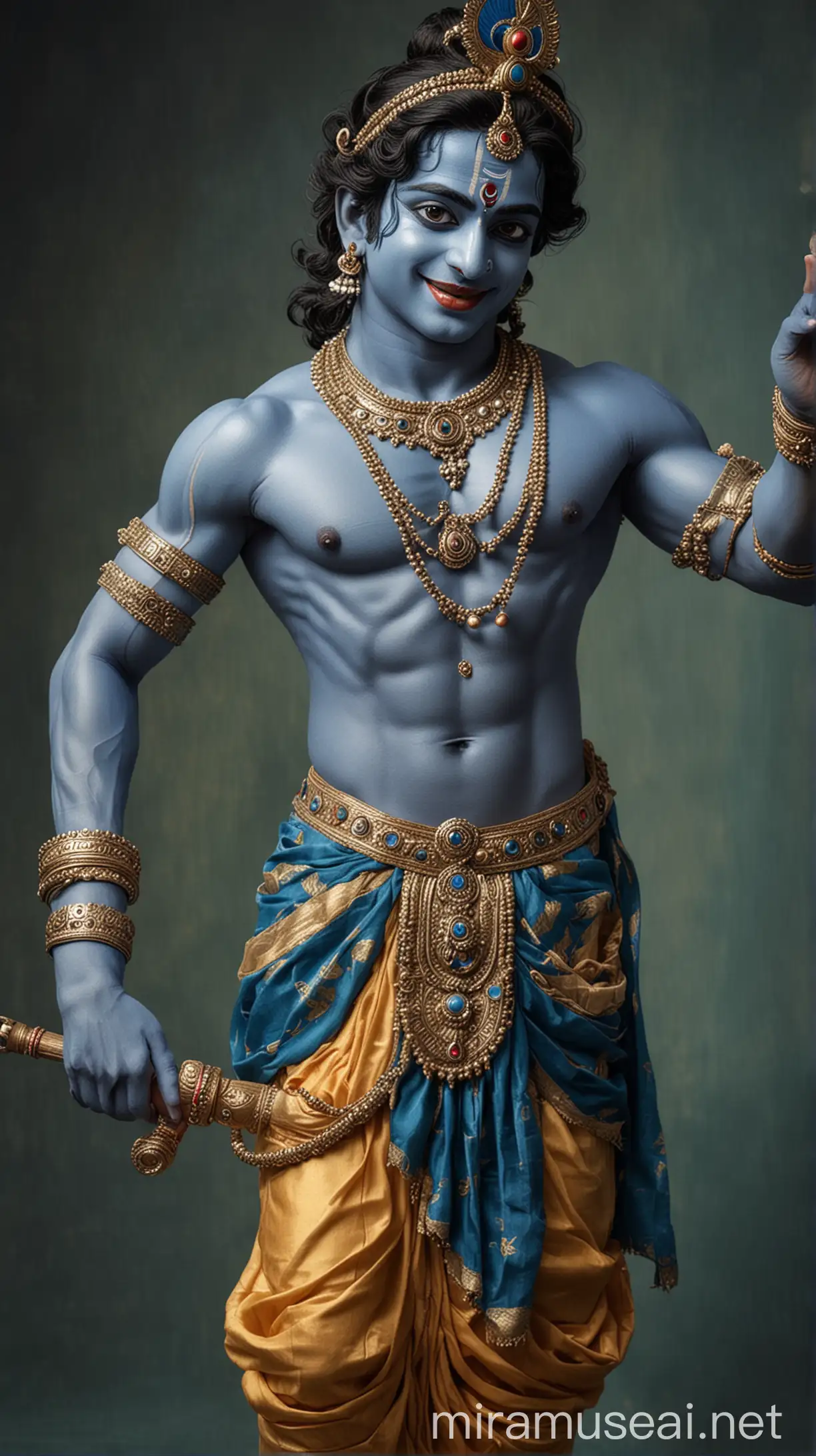 Lord Krishna,perfect body,,abs ,,blue colour skin,,Lord Krishna makeup,,Lord Krishna outfit,,standing posed photo,,body in center of the photo,,smile on  face,,