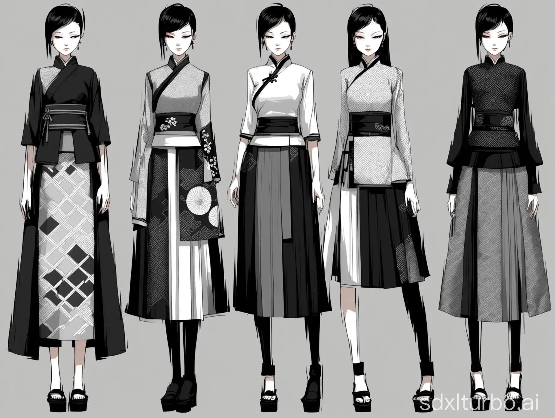 Generate for me a set of female clothing designs, skirts, new Sino style, black white and gray colors, with certain Chinese traditional patterns, fashionable modern styling, layered coordination, avant-garde design, Japanese style, dark style