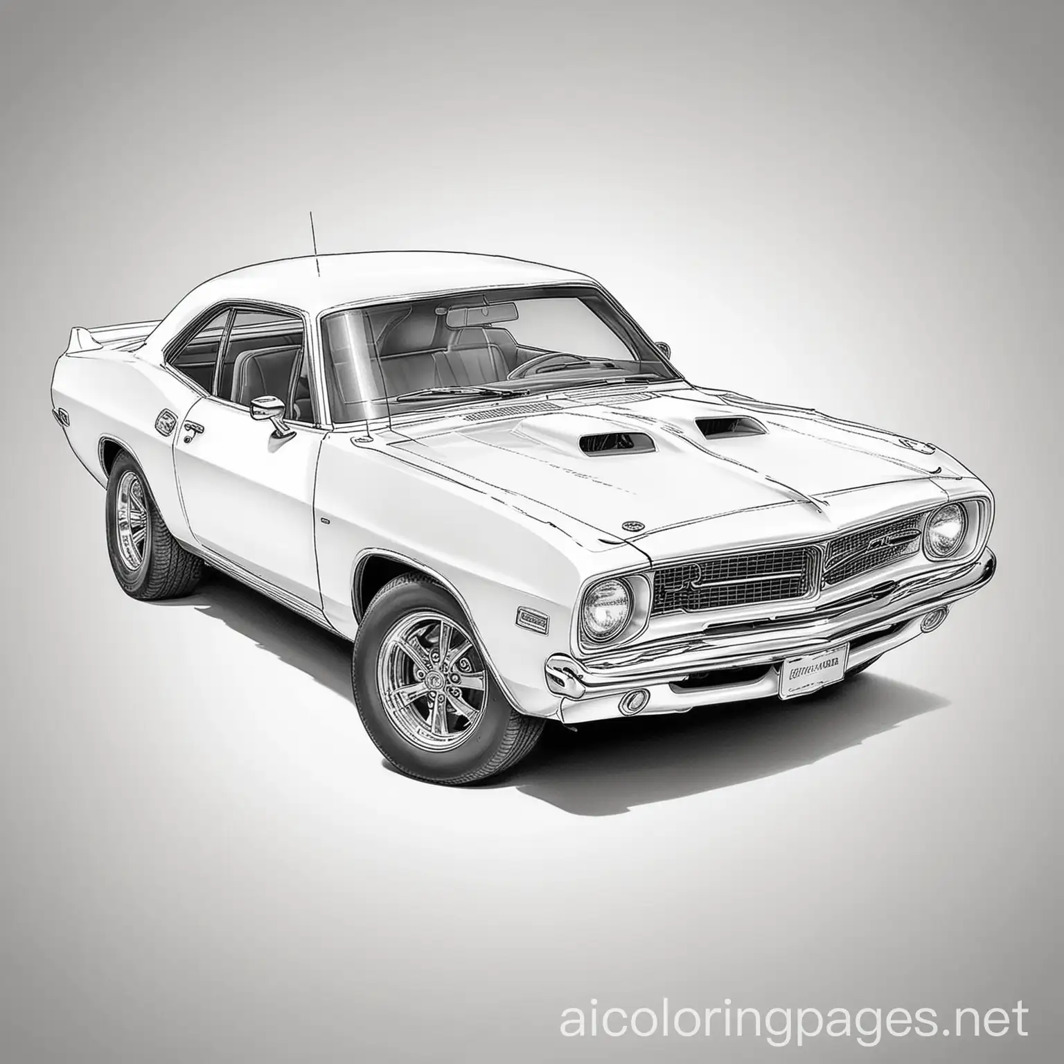 Plymouth Hemi Barracuda coloring page, Coloring Page, black and white, line art, white background, Simplicity, Ample White Space. The background of the coloring page is plain white to make it easy for young children to color within the lines. The outlines of all the subjects are easy to distinguish, making it simple for kids to color without too much difficulty