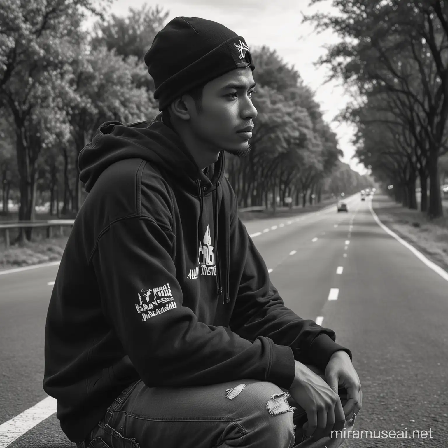 a young man from Java wearing a branded hat, fine facial details, wearing a black hoodie, jeans, black and white Jordan shoes, sitting in the middle of a quiet highway, facial expression languid, visible on the left and right are trees, the weather is clear, realistic ,FHD,8K