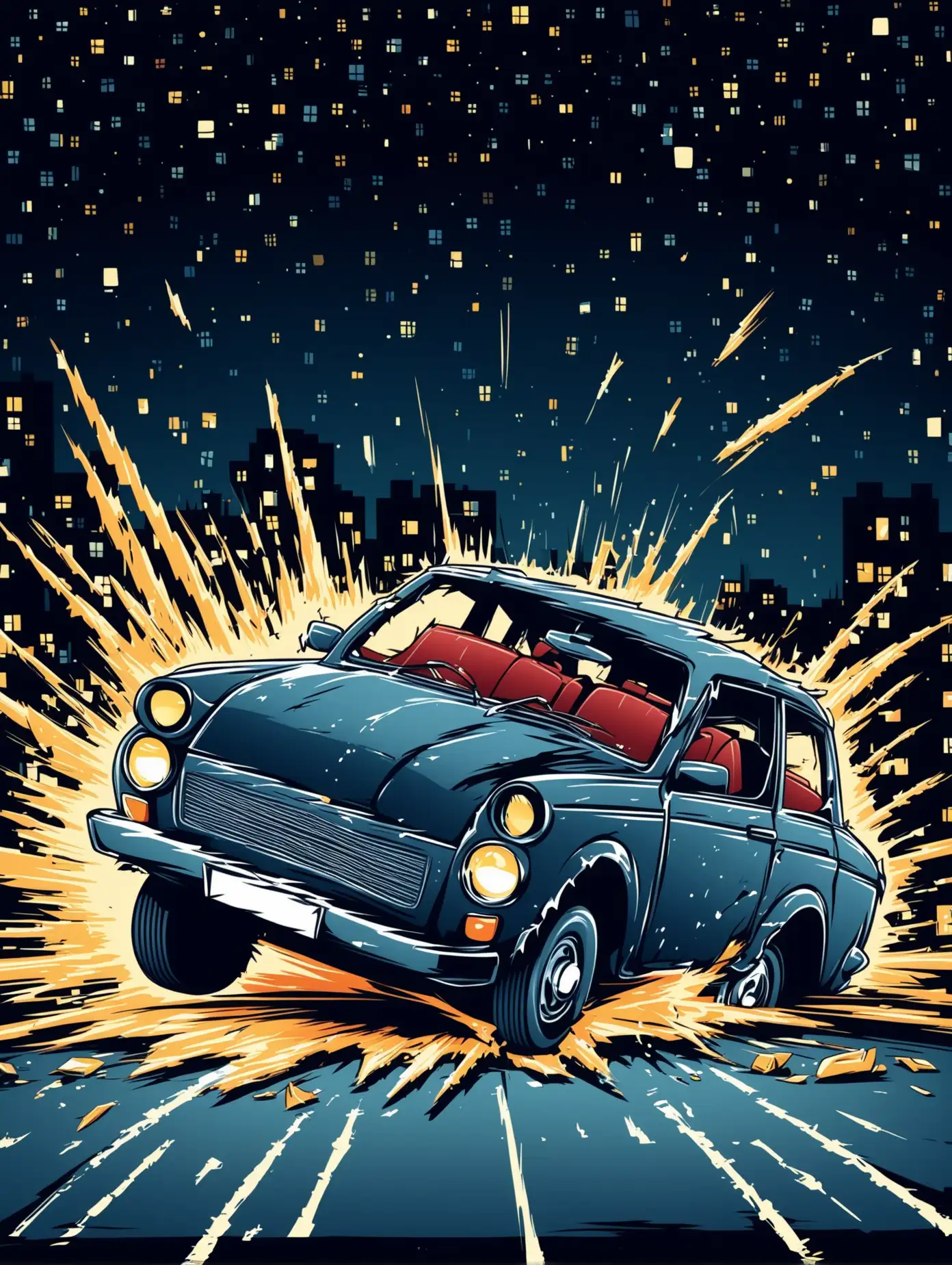 Nighttime Car Crash Illustration with Dramatic Lighting and Motion Blur
