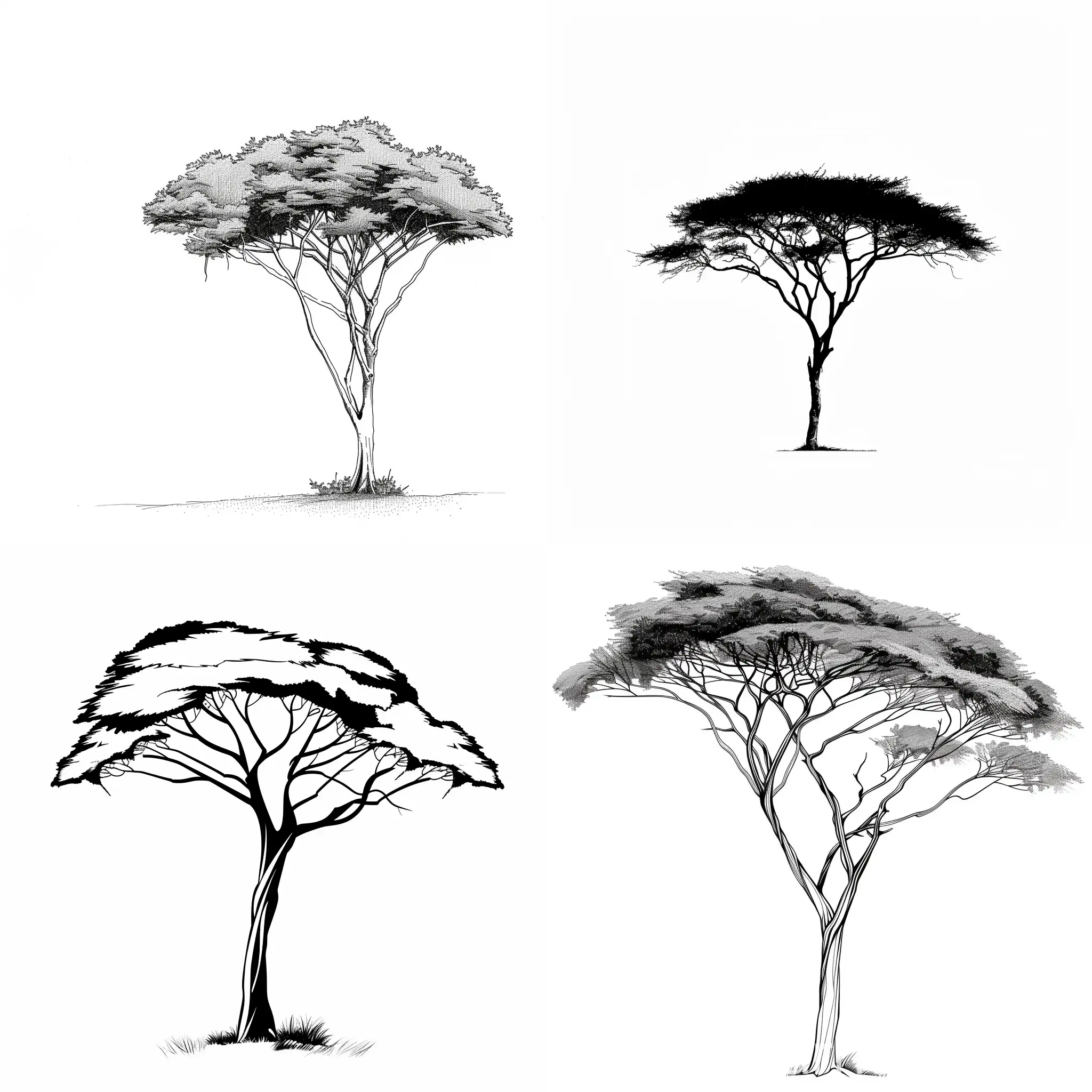 a simple drawing of acacia tree, white trunk, black outline only, white background, clipart, minimal line art