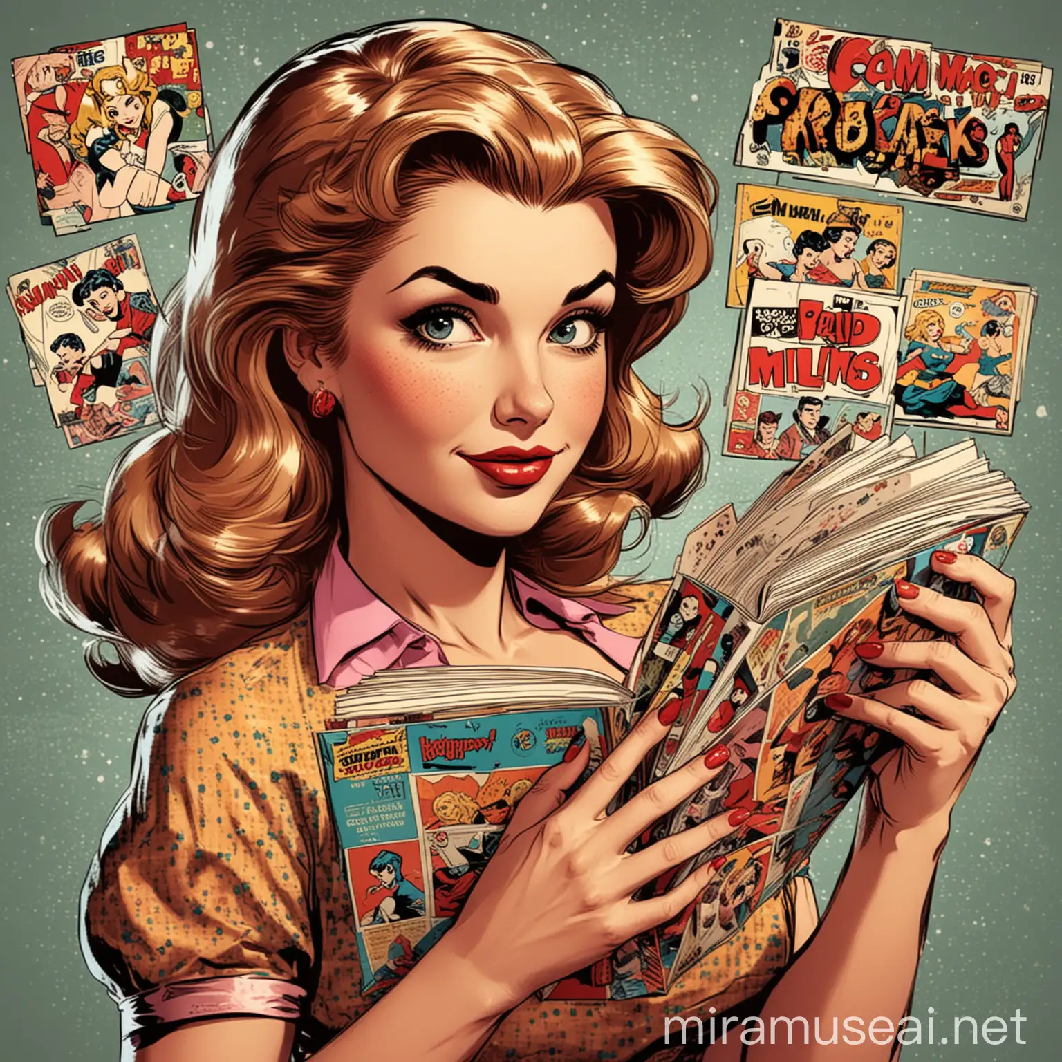 comic book character of a beautiful woman with comics in her hands in the style of the 50s
