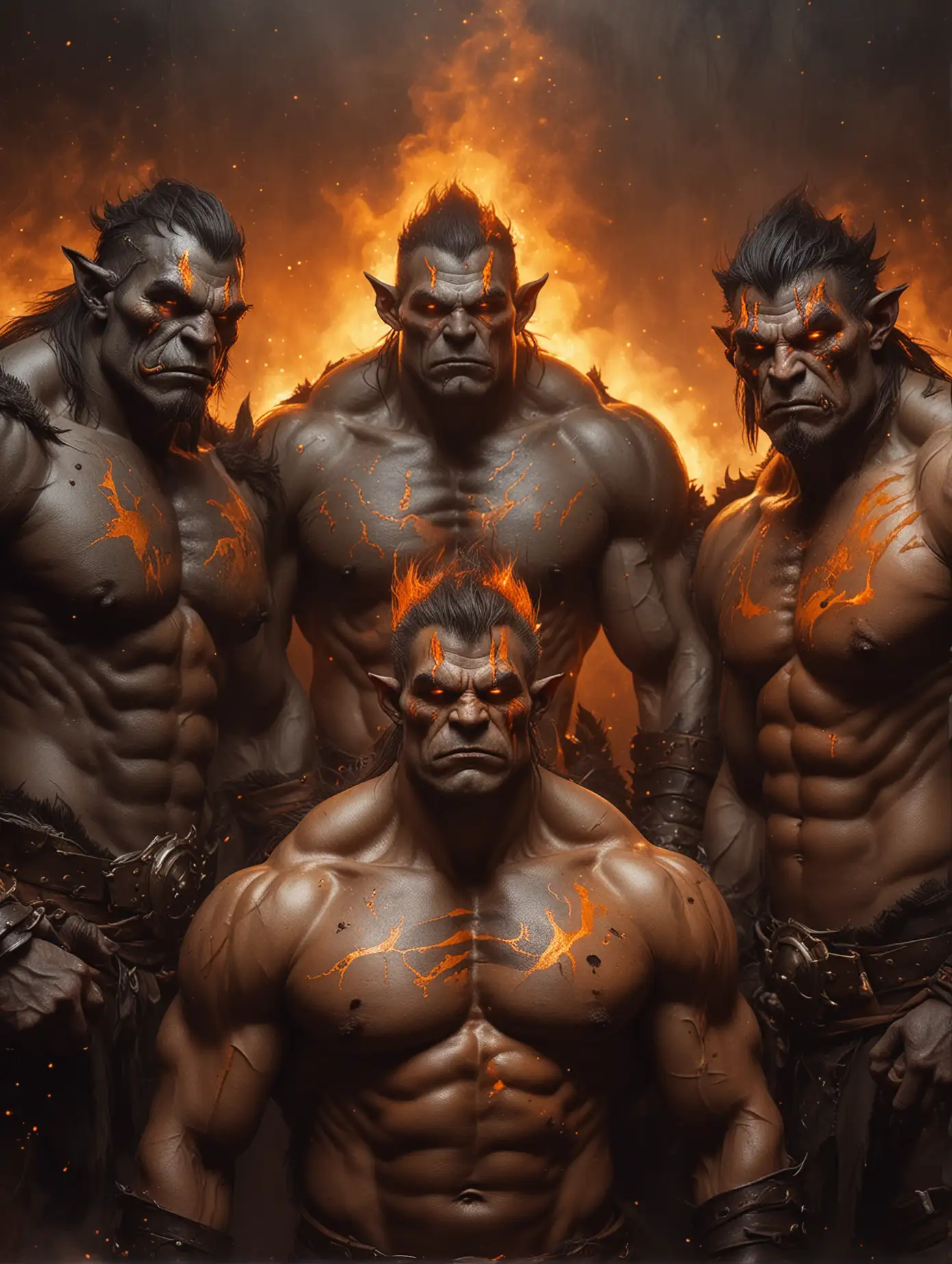 Four Muscular Shirtless Orc Men Surrounded by Fiery Orange Mist and Gold Sparks