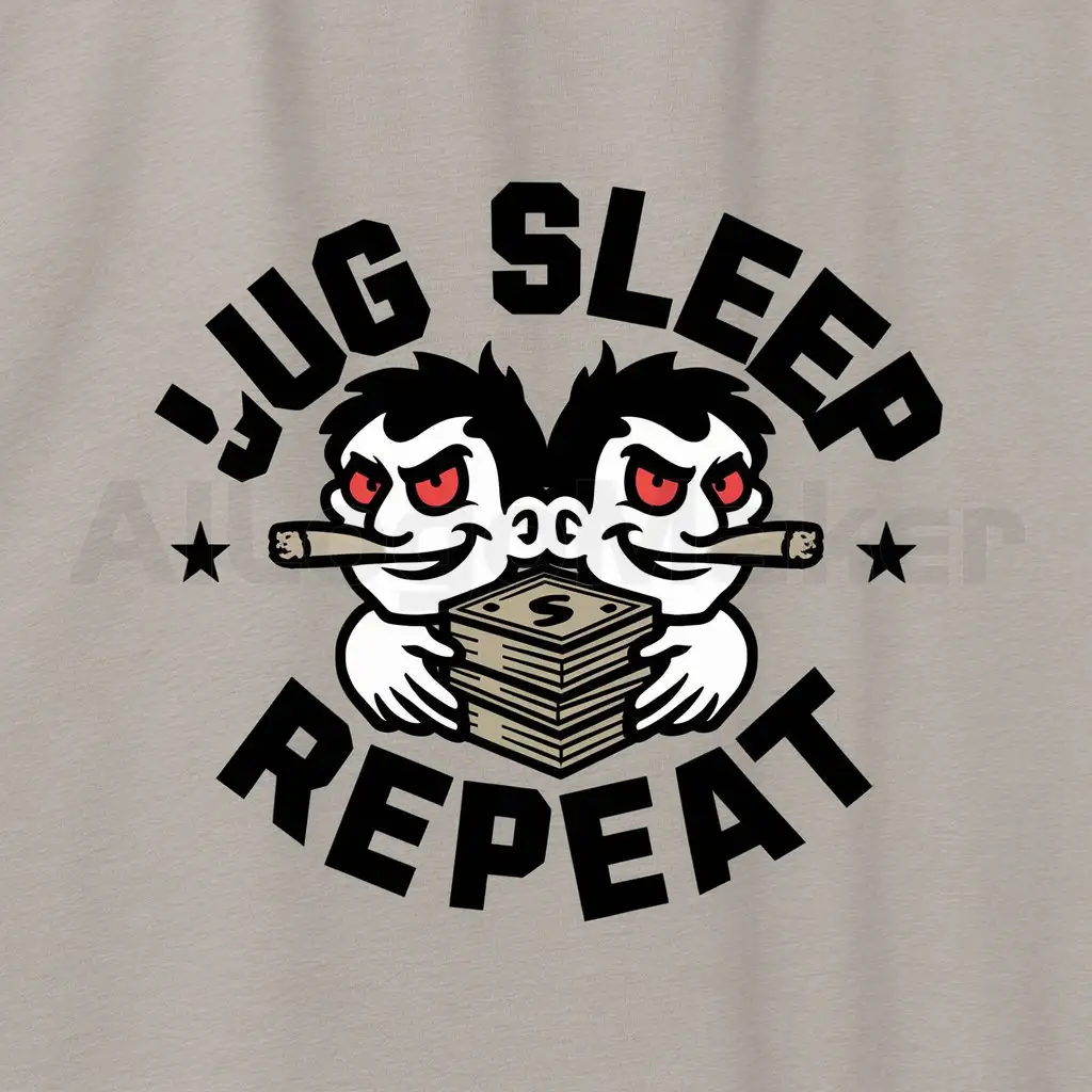 a logo design,with the text "JUG SLEEP REPEAT", main symbol:2 CARTOON CHARACTERS WITH CIGAR IN MOUTH HOLDING STACK OF MONEY WITH RED EYES,Moderate,clear background