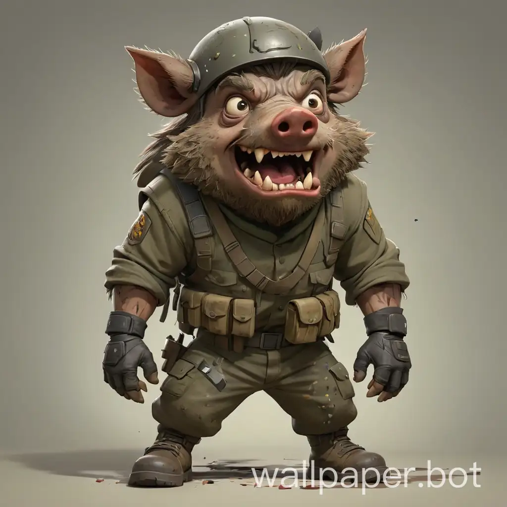 A pathetic dark wild boar in cartoon style, threatening pose, full body, CSGO soldier grimy clothes with boots and helmet, with clear background