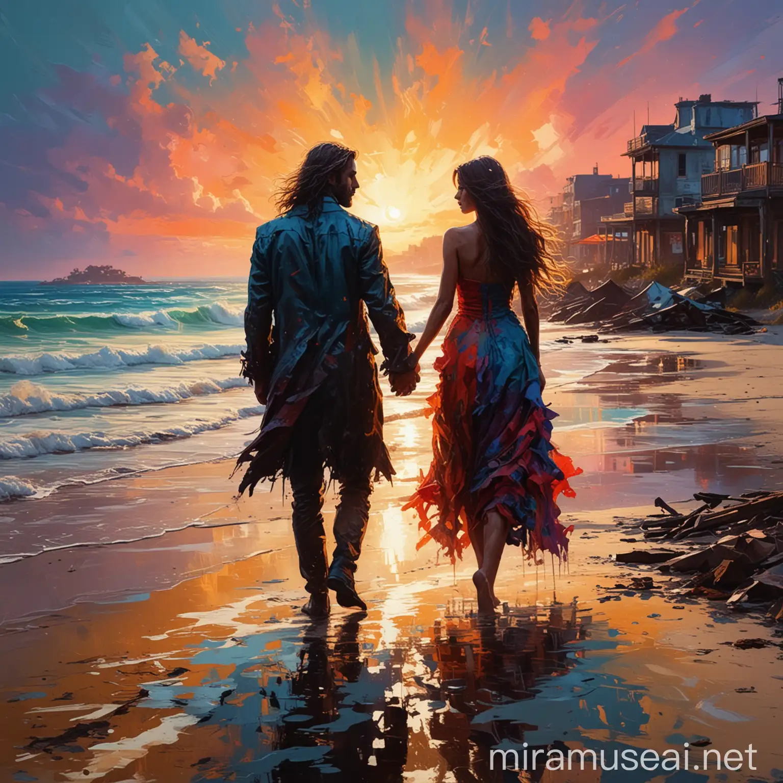 impressionist interpretation of a post apocalyptic like hotel beach town dazzeling landscape with bold colors and distinct brushstrokes, vibrant, textured, atmospheric, the silhouette of sea man with his love beautiful woman she's wearing stunning dress with long hair