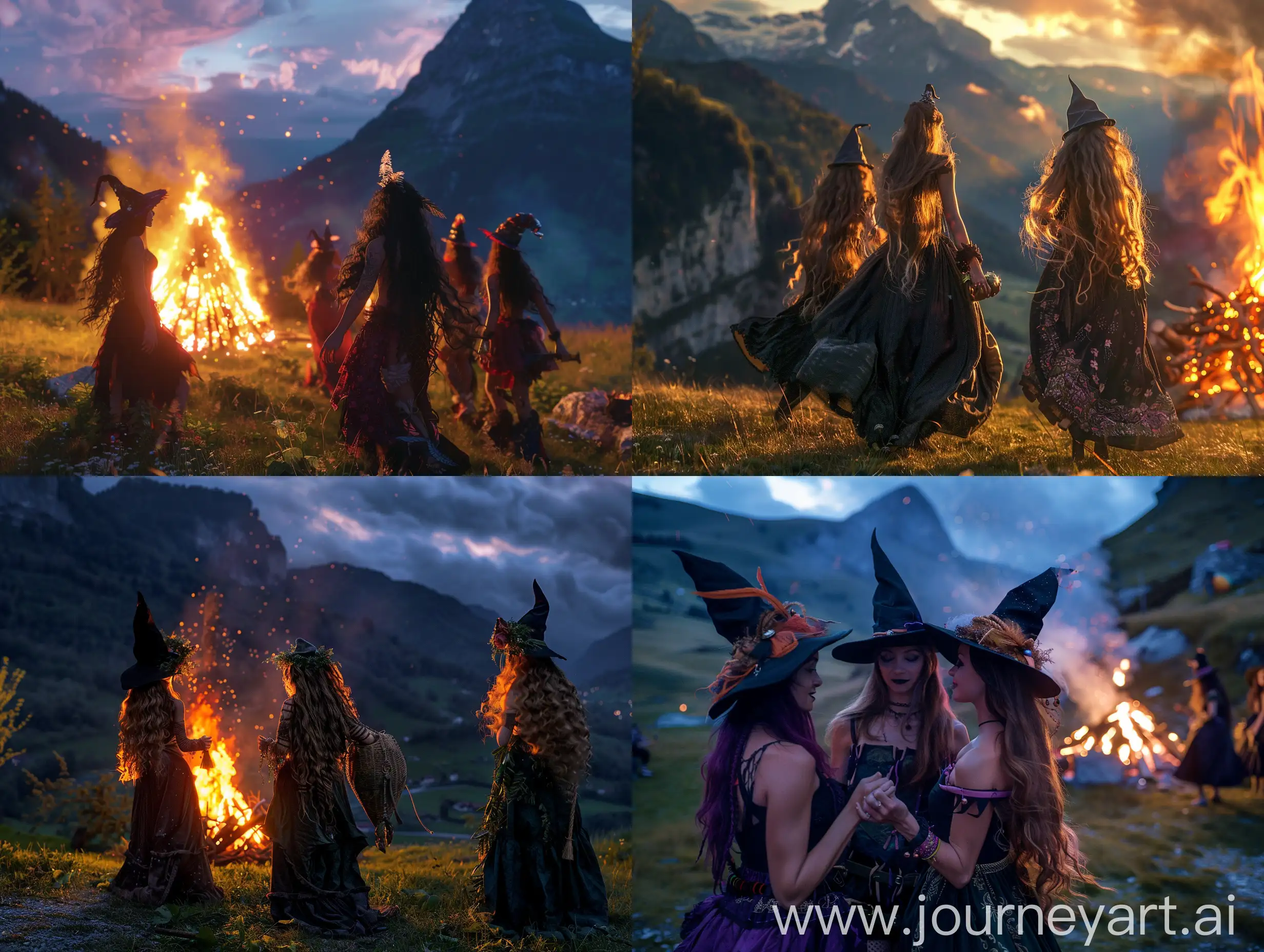Witches in the valley, surrounded by beautiful mountain, celebrate the Beltain on the 30th of April, very realistic photo, no hats, long hair, beautiful traits, a magical evening, a big bonfire, dances, closeup, 8K