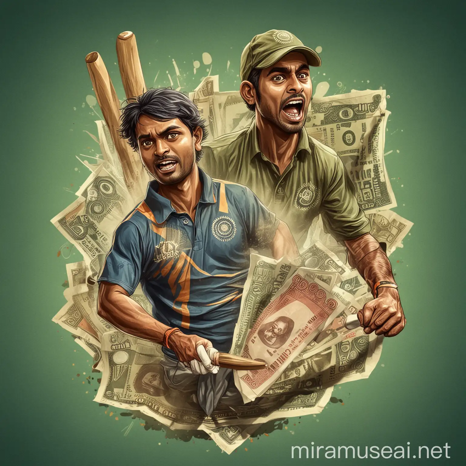 create illustration for cricket fantasy app fraud indian rupee