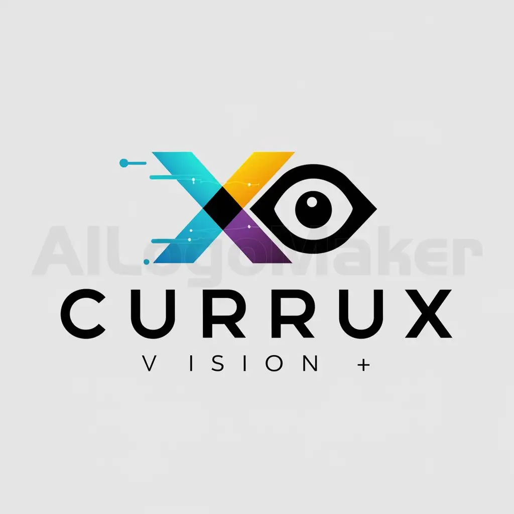 a logo design,with the text "Currux Vision", main symbol:Make Currux 'X' color full and Vision 'O' like eye AI,Moderate,be used in Technology industry,clear background