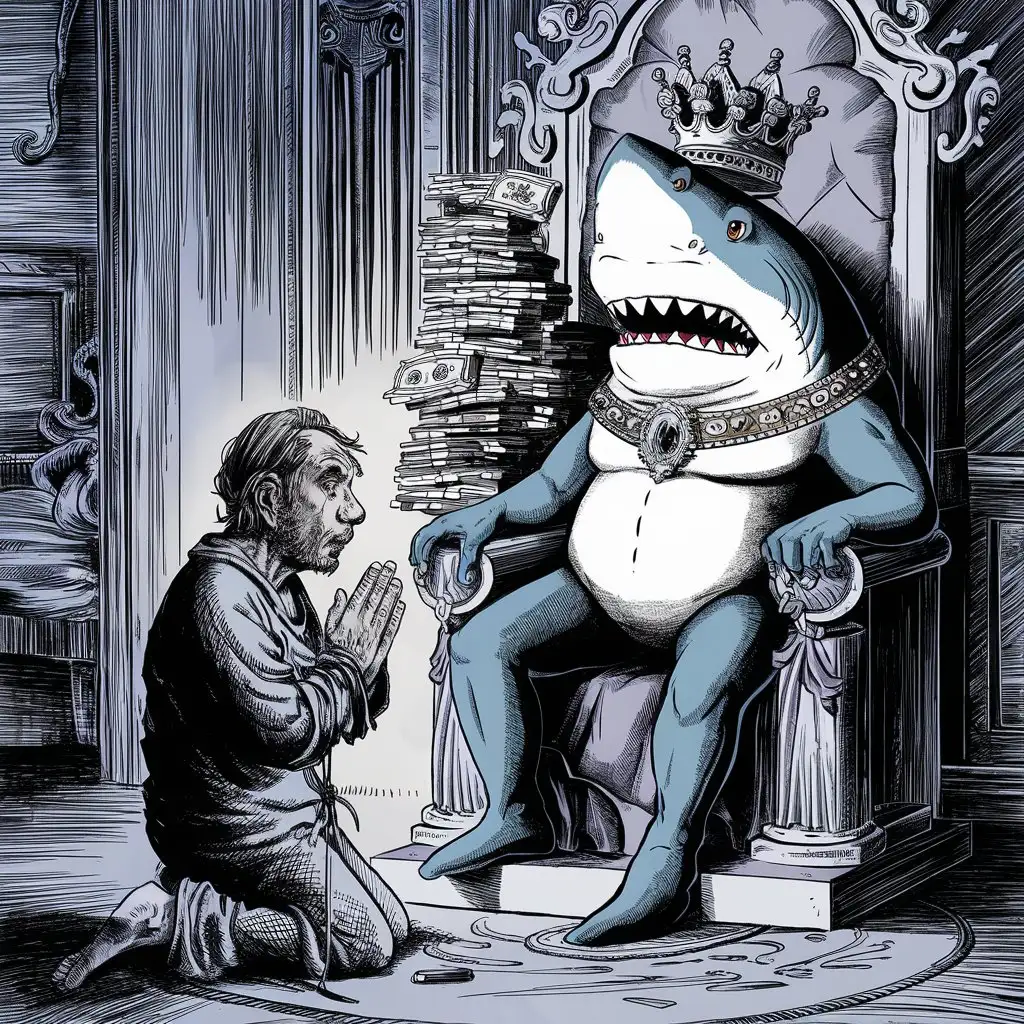 бедный человек молится на коленях сильной акуле, акула сидит на троне и у неё очень много денег за спиной
