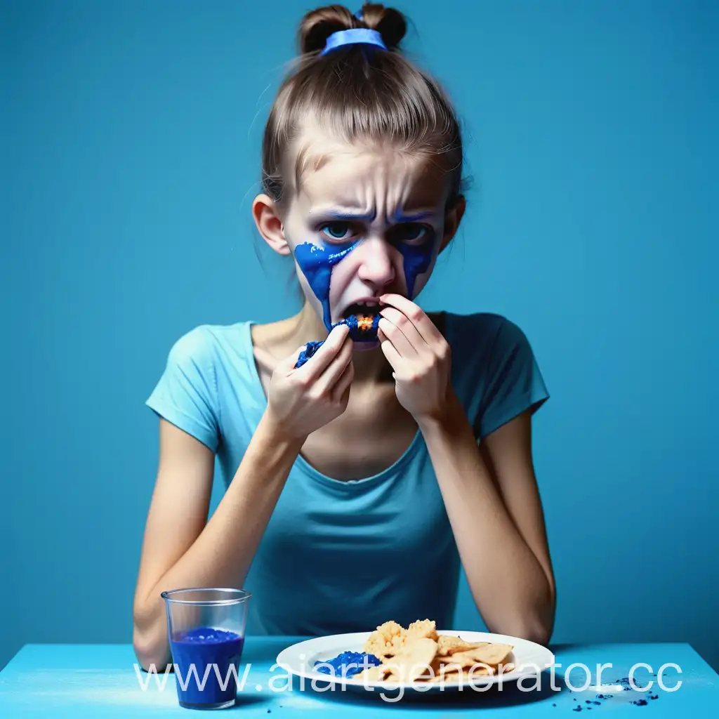 Девушка отказывается есть, анорексия, еда, голубой цвет, больная девушка