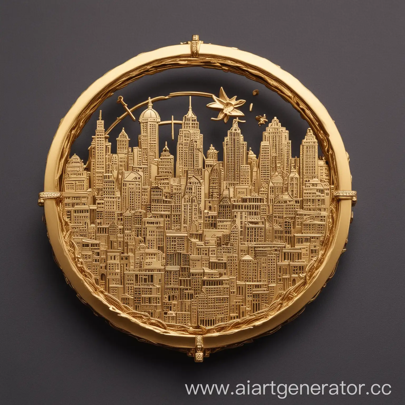 Elegant-Golden-Circle-Brooch-Featuring-Urban-Cityscape-Theme