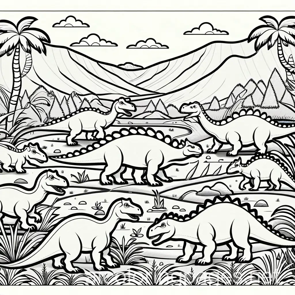 Group-of-Various-Dinosaurs-Coloring-Page-Black-and-White-Outline-Art