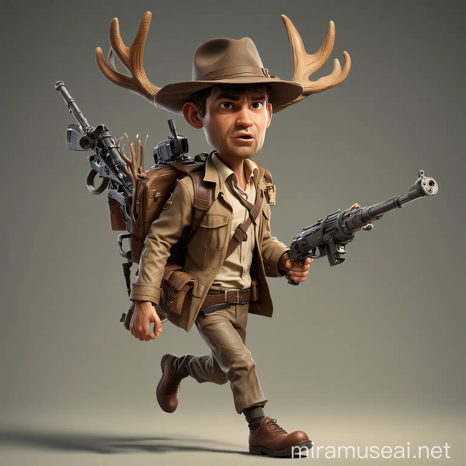 
a character similar to a data storage server, in the style of Indiana Jones, runs with a gun, on his head is a hat with deer antlers, the gun looks like a rifle from Star Wars