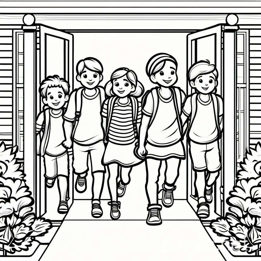 kids leaving school, Coloring Page, black and white, line art, white background, Simplicity, Ample White Space. The background of the coloring page is plain white to make it easy for young children to color within the lines. The outlines of all the subjects are easy to distinguish, making it simple for kids to color without too much difficulty