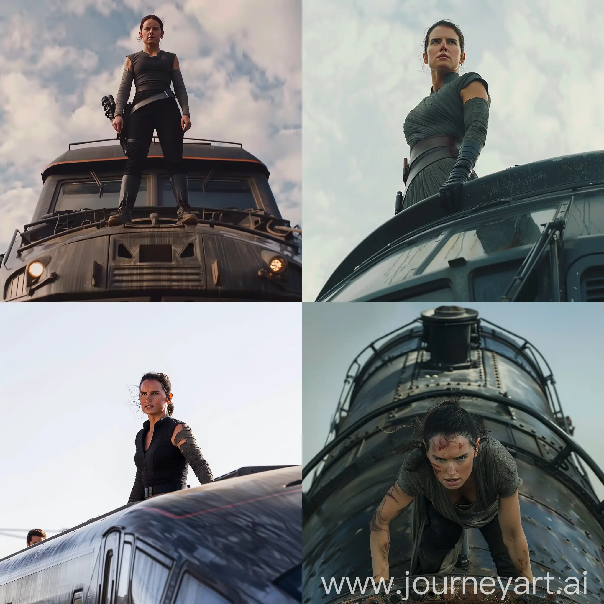 Daisy Ridley With Rey Skywalker's face in New Movie of mission Impossible With tom Cruise In a dangerous scene standing on top of the train in movement, 8k resolution 