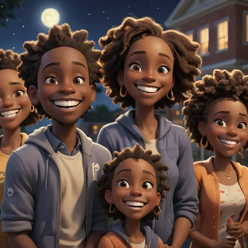 defined 3D cartoon-style African Americans at the community center smiling at night