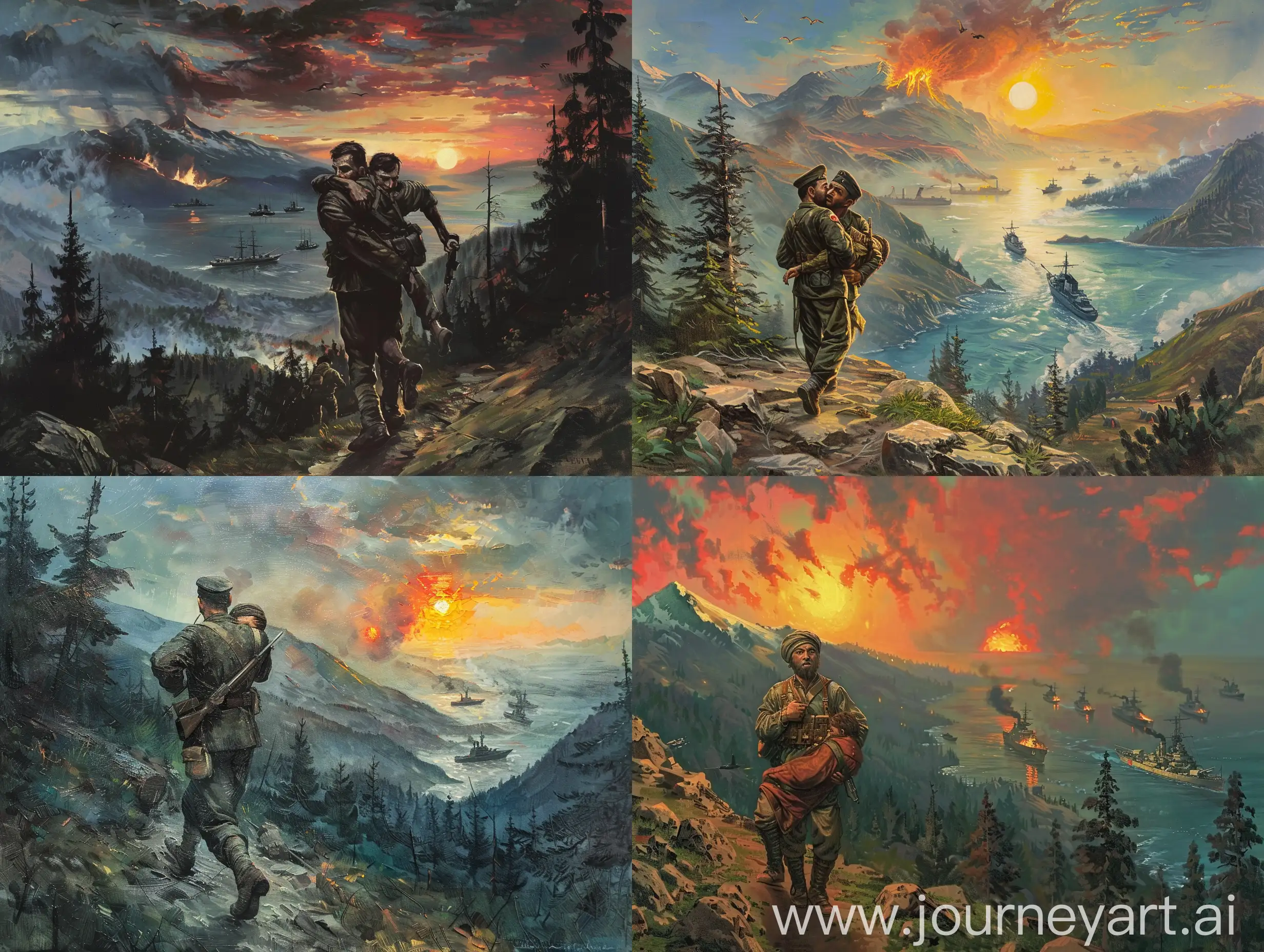 An Ottoman soldier during World War II carries his wounded friend on his back, a mountain view, the sun rising, a forest fire in the distance, warships coming from the sea, illustration drawing, oil painting artistic painting