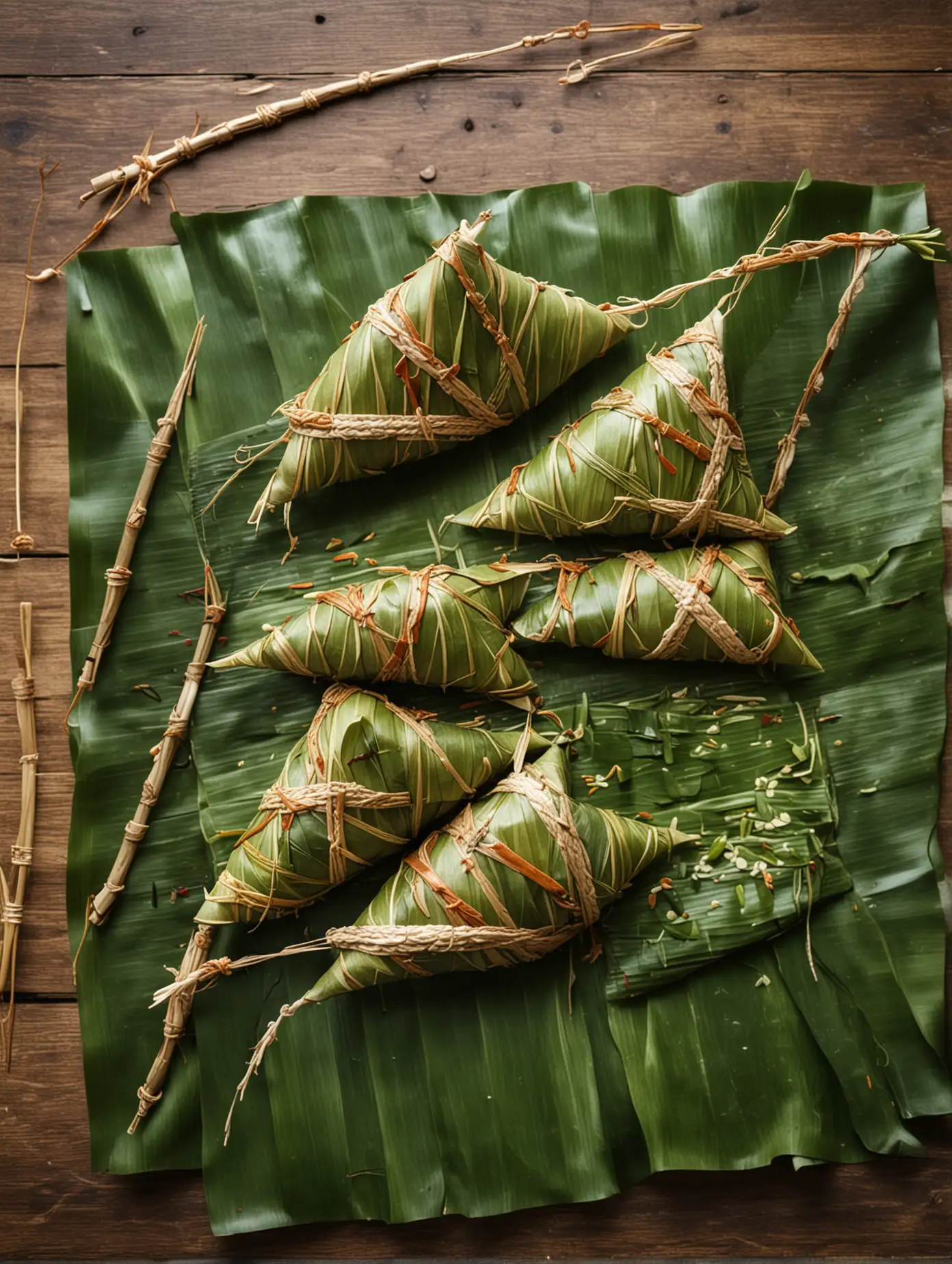 Chinese Dragon Boat Festival,zongzi ,Wrap the rice in bamboo leaves to form a triangle and tie it with a rope
