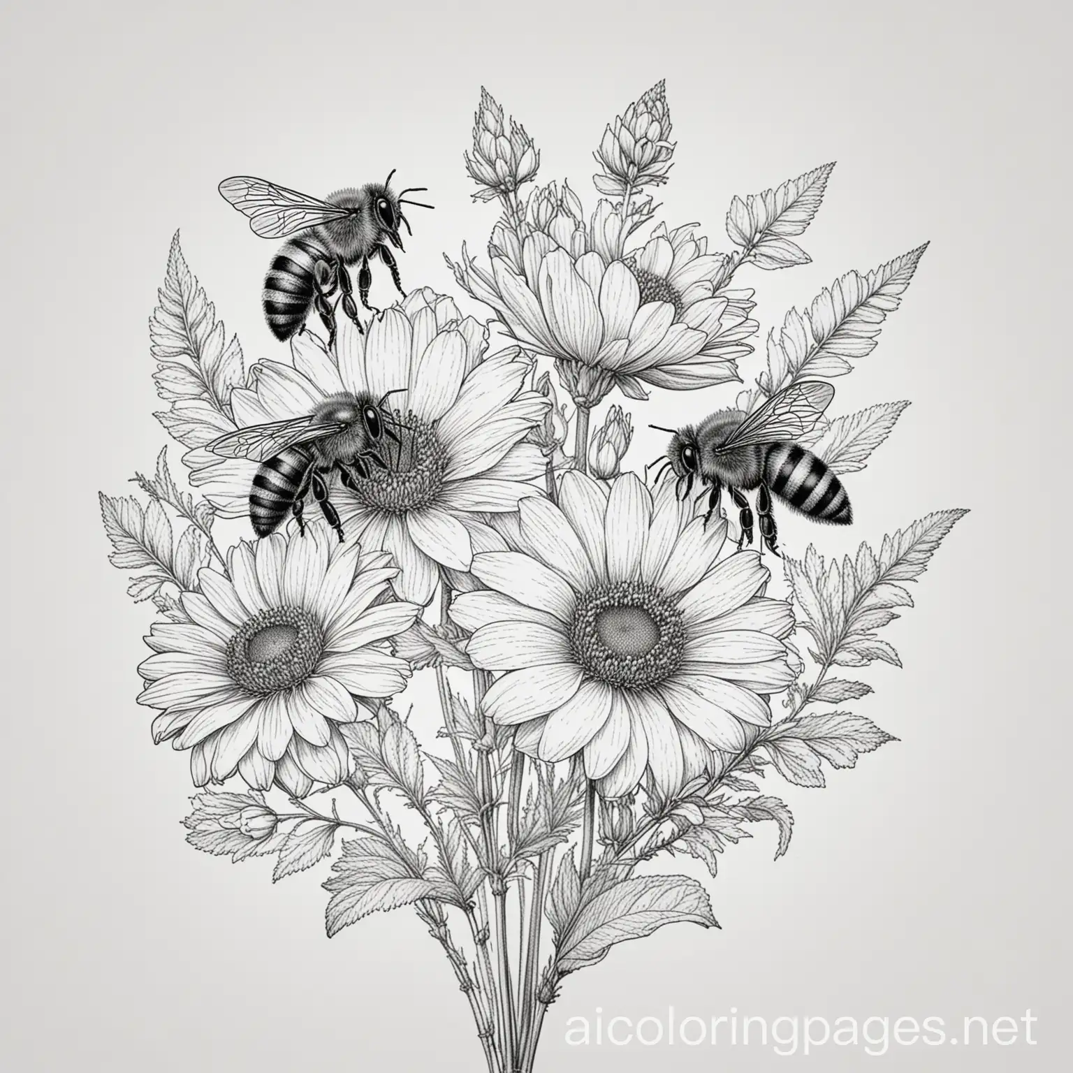 line drawing of  bees on flower, Coloring Page, black and white, line art, white background, Simplicity, Ample White Space