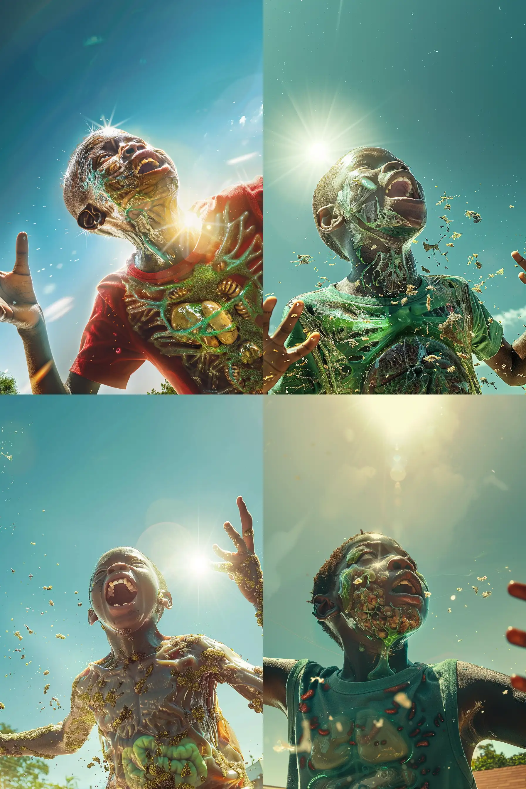 /imagine prompt: A photographic image of an alternate species of humanoid, translucent skin showing internal organs, parts of the skin covered with green algae. An African humanoid kid looking to the sky with mouth open and hands stretched. The sun shines over him, casting a golden light, a faint aura surrounds him. The background shows a clear blue sky with a few scattered clouds. Shot with a high-resolution camera, hd quality, natural lighting, vibrant colors, ultra-realistic details, cinematic framing, sharp focus --ar 2:3 --v 6.0
