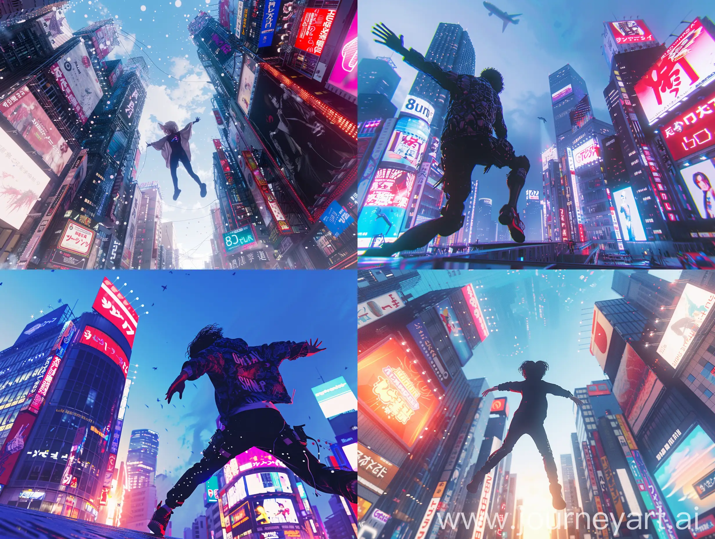 A stunning,semi anime-realistic image of a neon-lit cityscape reminiscent of Tokyo's Shibuya ,image from ground level,some puddles on ground, daytime, highly saturated, colorful, The scene is filled with towering skyscrapers, billboards, and bustling activity, creating a sense of energy and urban life. The lighting and composition evoke a cinematic, anime-inspired aesthetic. This image could be generated using a prompt such as: "A detailed, photorealistic image of a person in a dynamic pose against the backdrop of a futuristic, neon-lit cityscape inspired by Tokyo's Shibuya district, with towering skyscrapers, billboards, and bustling activity, in the style of an anime film, 8K, Unreal Engine, Octane render, cinematic lighting, highly detailed, trending on Artstation,morning time light blue sky, mesmerizing scane, verious scenary, mokoto shinkai style, ultra HD, high quality, 4k hd picture, sharp and smooth details, no hyperrealistic,in the beautiful summers.beautiful,make the scene relaxed