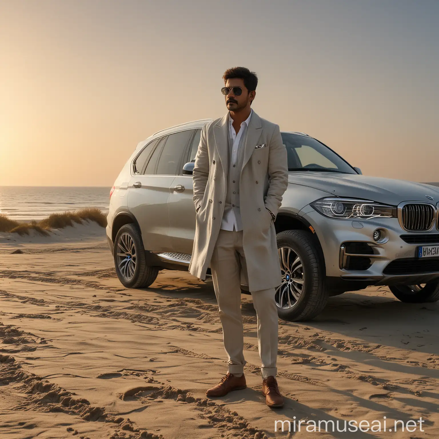 Ultra realistic, cinematic, actor vijay with coat going to near by bmw x5 car silver color, beach sand, sun set