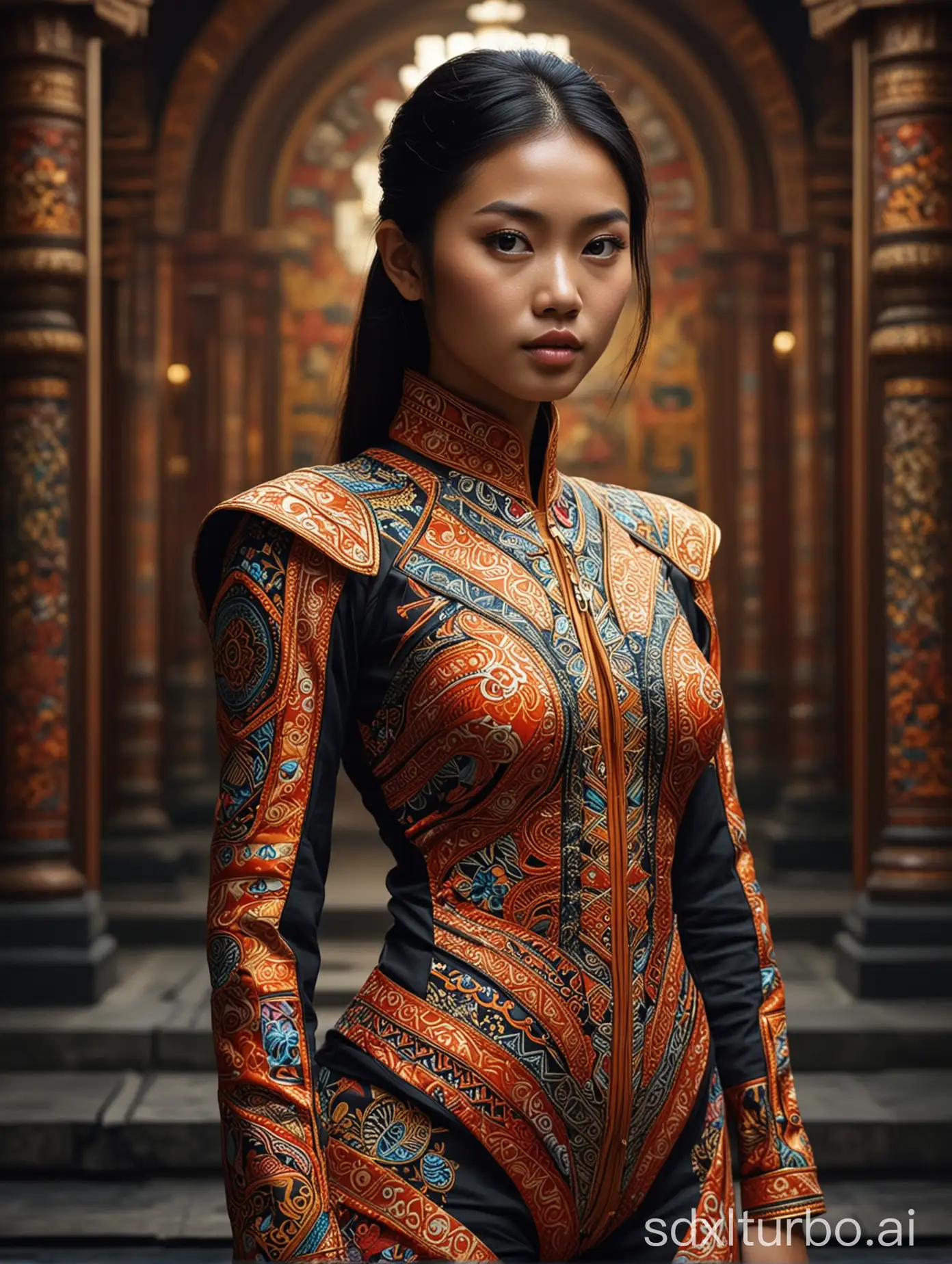 An Vietnamese-styled futuristic suit worn by a girl depicting cultural fusion and modern fashion. The suit is adorned with intricate patterns and vibrant colors, showcasing the rich heritage of Indonesia. The girl stands confidently in a dynamic pose, with her detailed eyes reflecting determination and curiosity. The suit's material is a combination of traditional textiles and futuristic synthetic fabrics, giving it a unique and avant-garde appearance. The overall image quality is of the highest standard, with sharp focus and ultra-detailed rendering. The artwork employs physically-based rendering techniques, resulting in realistic lighting and shadows. The colors are vivid and vibrant, capturing the essence of Indonesian cultural aesthetics. The background features a fusion of modern architecture and traditional elements, creating a harmonious blend of the past and the future. The prompt explores the intersection of Indonesian culture, futuristic design, and the artistic representation of a confident girl