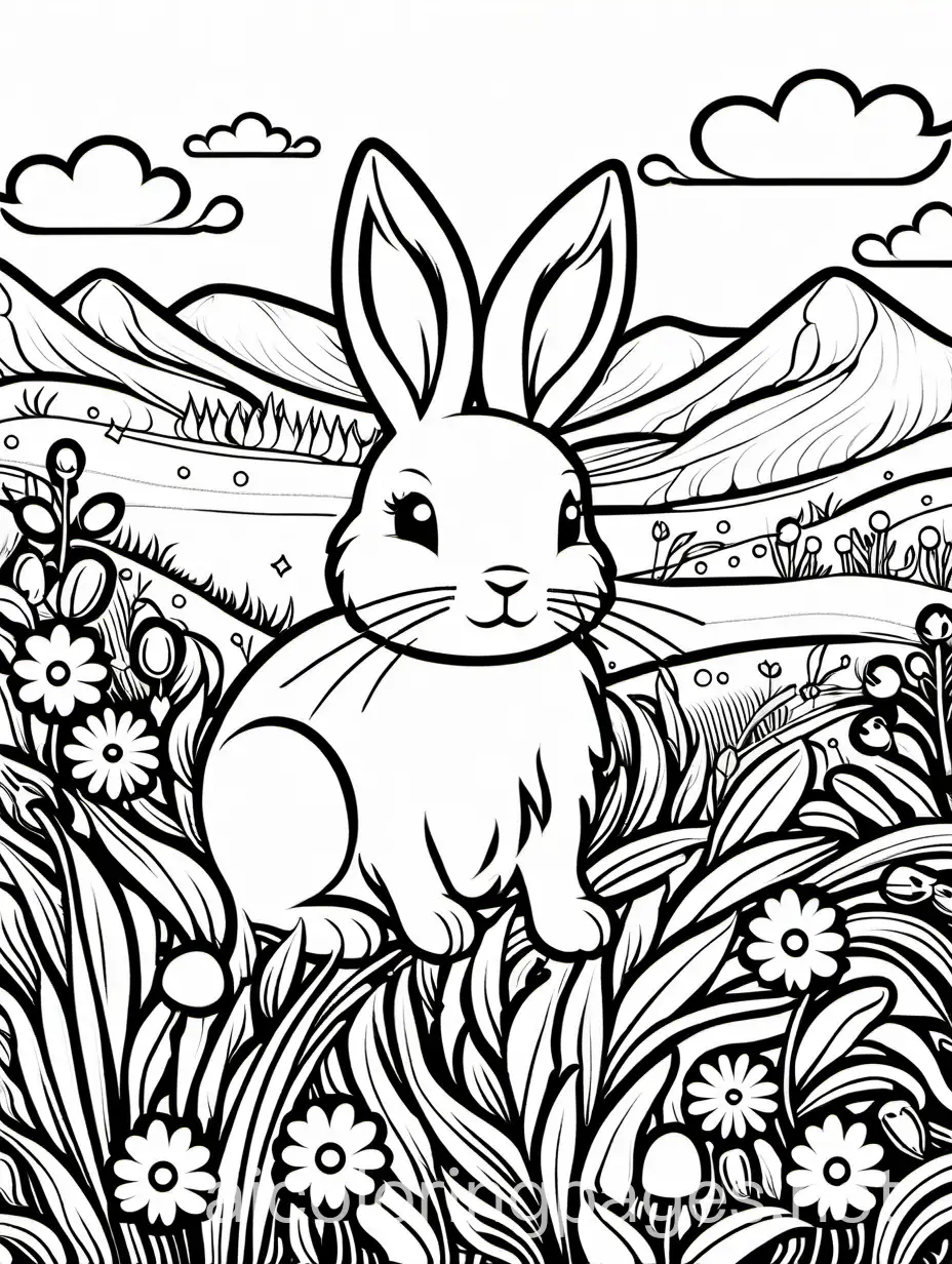 A fluffy bunny hopping through a flowery meadow., Coloring Page, black and white, line art, white background, Simplicity, Ample White Space. The background of the coloring page is plain white to make it easy for young children to color within the lines. The outlines of all the subjects are easy to distinguish, making it simple for kids to color without too much difficulty