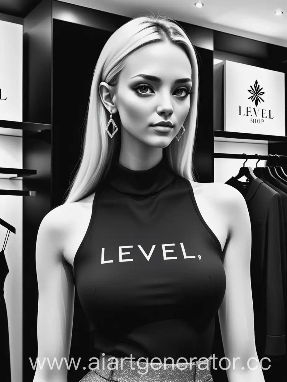 Аватарка для люкс магазина одежды, название «level.shop.99 » , в черно-белом стиле, женственное, привлекающее внимание, вызывающее доверие 