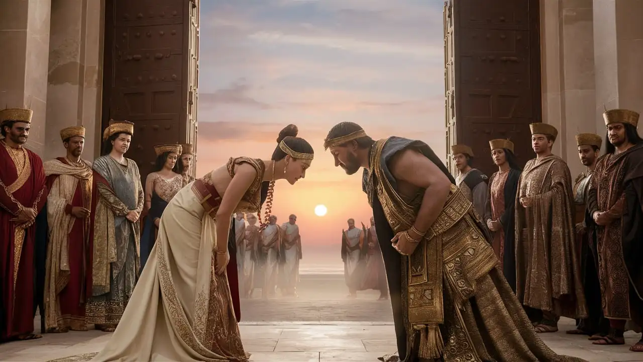 The queen of Sheba and king Salomon bow to each other in front of the open door of king Salomon palace, their retinues stand by, all wearing rich ancient oriental clothes, full standing figures, colorful scene, sun rising in the distance, cinematic, general panoramic view,