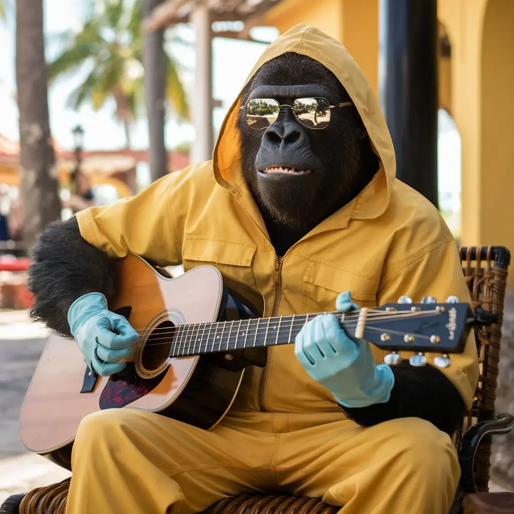 The gorilla wears dark sunglasses (the sun reflects on his sunglasses) and a yellow jumpsuit like the one in the Breaking Bad series. His head is covered by the yellow hood. His hands are covered with light blue latex gloves. He is in a relaxed cuban sunny environment sitting outdoors, relaxed and playing an acoustic guitar. Wide angle shot