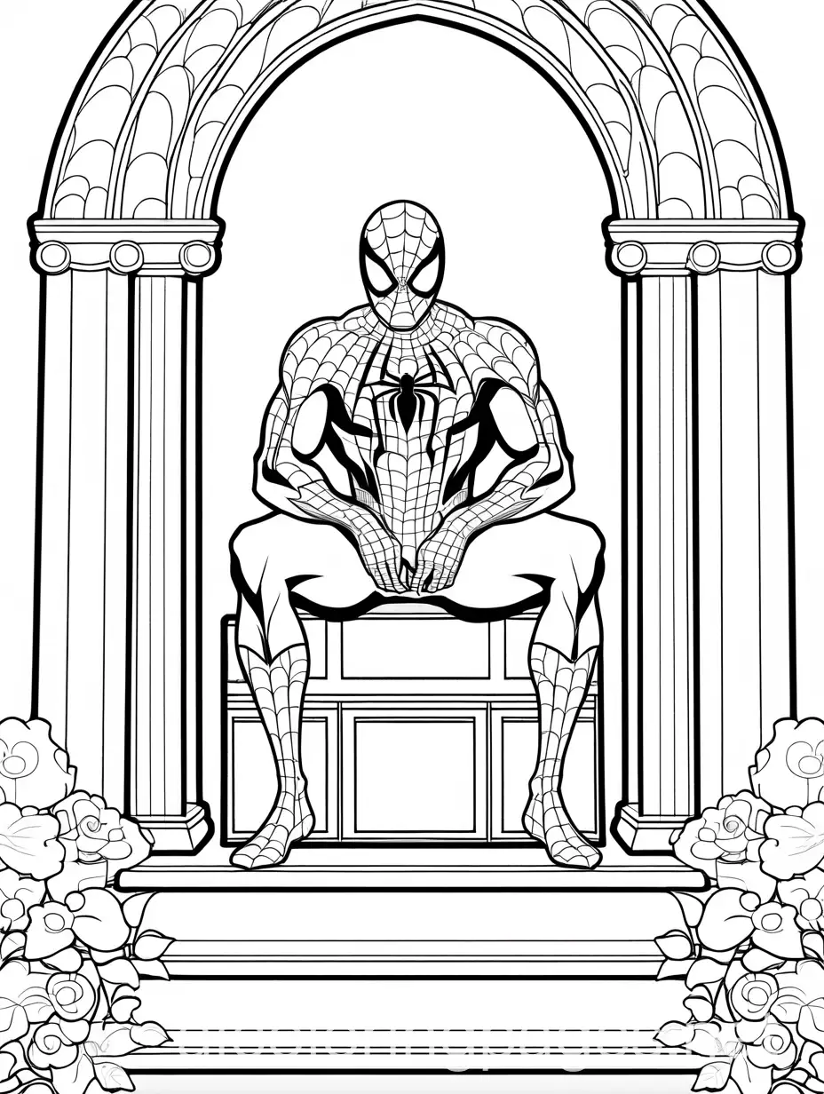 spider man sitting on a archway at a wedding, Coloring Page, black and white, line art, white background, Simplicity, Ample White Space. The background of the coloring page is plain white to make it easy for young children to color within the lines. The outlines of all the subjects are easy to distinguish, making it simple for kids to color without too much difficulty
