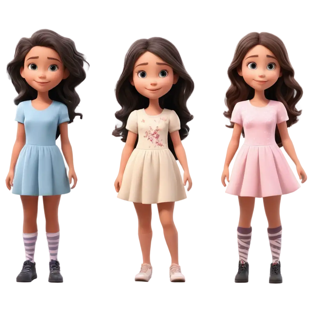  three cartoon realistic girls with dresses on