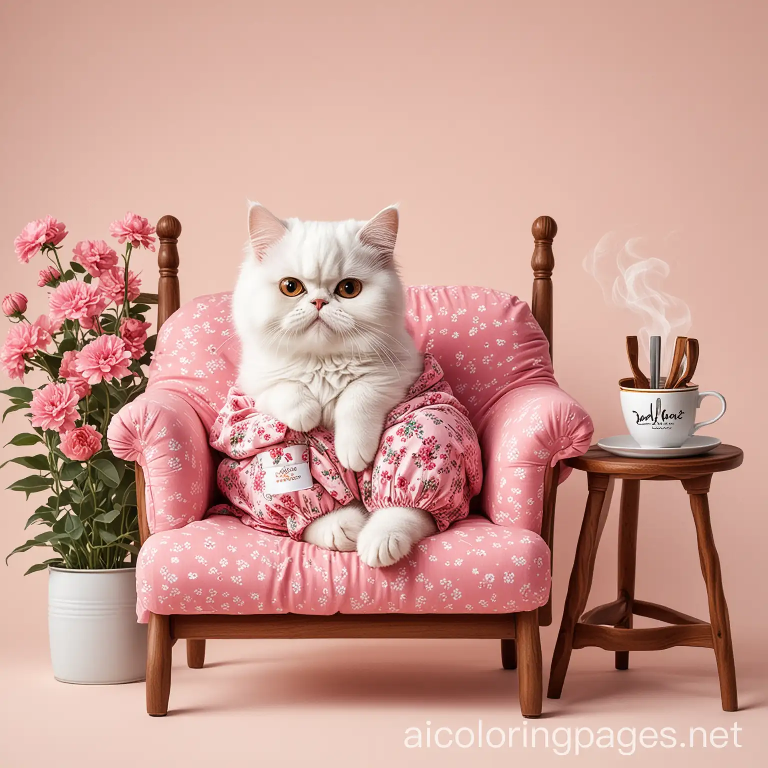 A whimsical and vibrant vector illustration showcases a Persian girl cat in a cozy, cottage-core-style setting. The cat, dressed in adorable pink floral pajamas, exudes a cute yet grumpy demeanor while perched on a wooden chair. Its fur is tousled, and its ears are raised. In its paw, the cat holds a steaming cup of coffee, from which a warm, inviting aroma wafts. The typography boldly states, 'Coffee, is my life'. The artwork, set against an isolated white background, radiates a bright, unique, and lively personality, seamlessly blending fashion, illustration, and typography elements for a truly captivating piece.,fashion, illustration, typography , Coloring Page, black and white, line art, white background, Simplicity, Ample White Space.