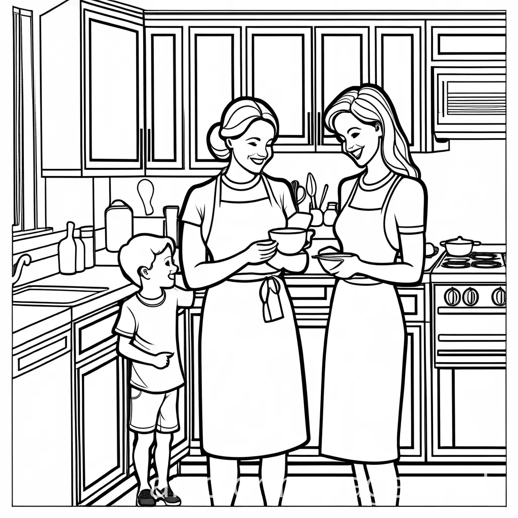 boyand mom in kitchen smiling, Coloring Page, black and white, line art, white background, Simplicity, Ample White Space. The background of the coloring page is plain white to make it easy for young children to color within the lines. The outlines of all the subjects are easy to distinguish, making it simple for kids to color without too much difficulty