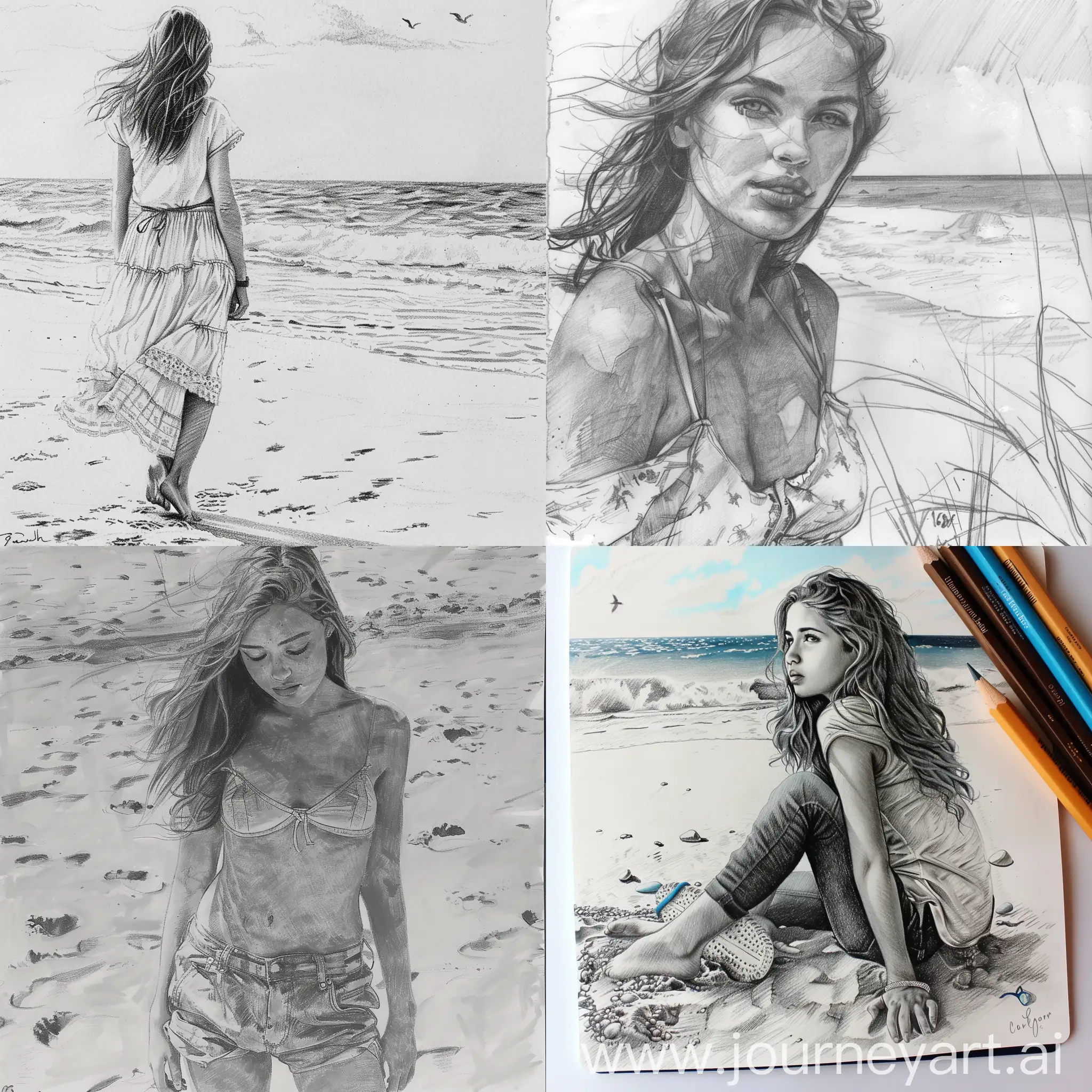 Нарисуй девушку на берегу моря будто её очень качественно нарисовали карандашом

