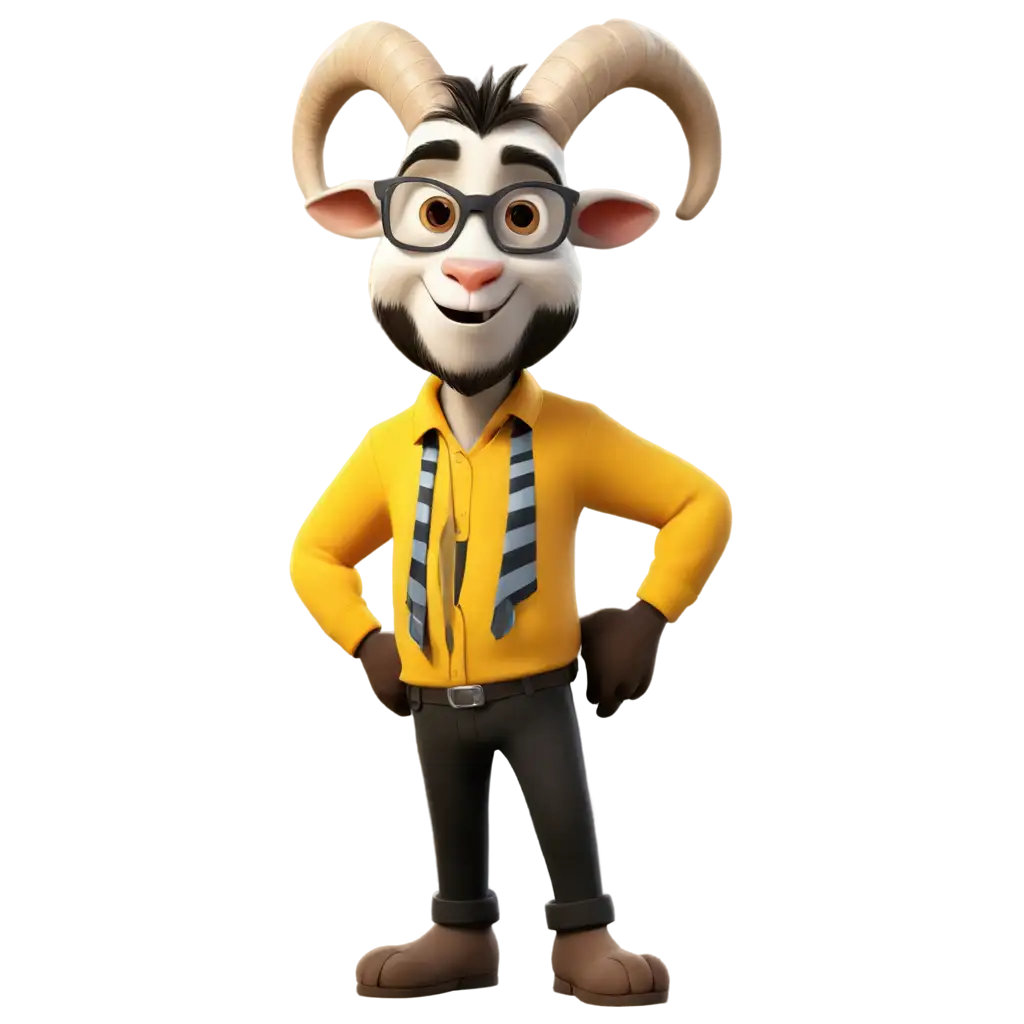 create a picture of a goat cartoon pixar wearing a yellow and black shirt and wearing sunglasses and relaxing. Position your left hand in your pocket and your right hand holding your glasses, positioning your glasses right on your eyes