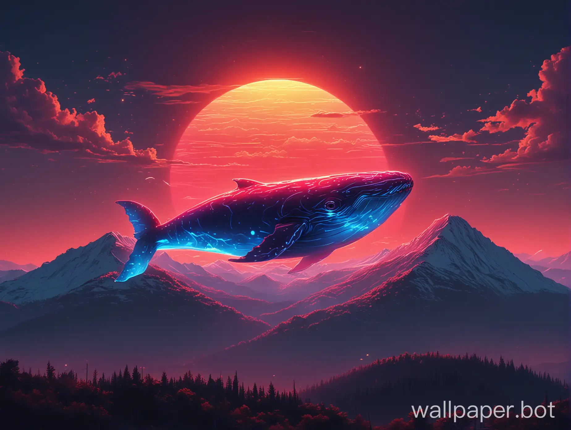 a neon whale in the sky when the sun rise behind the mountain