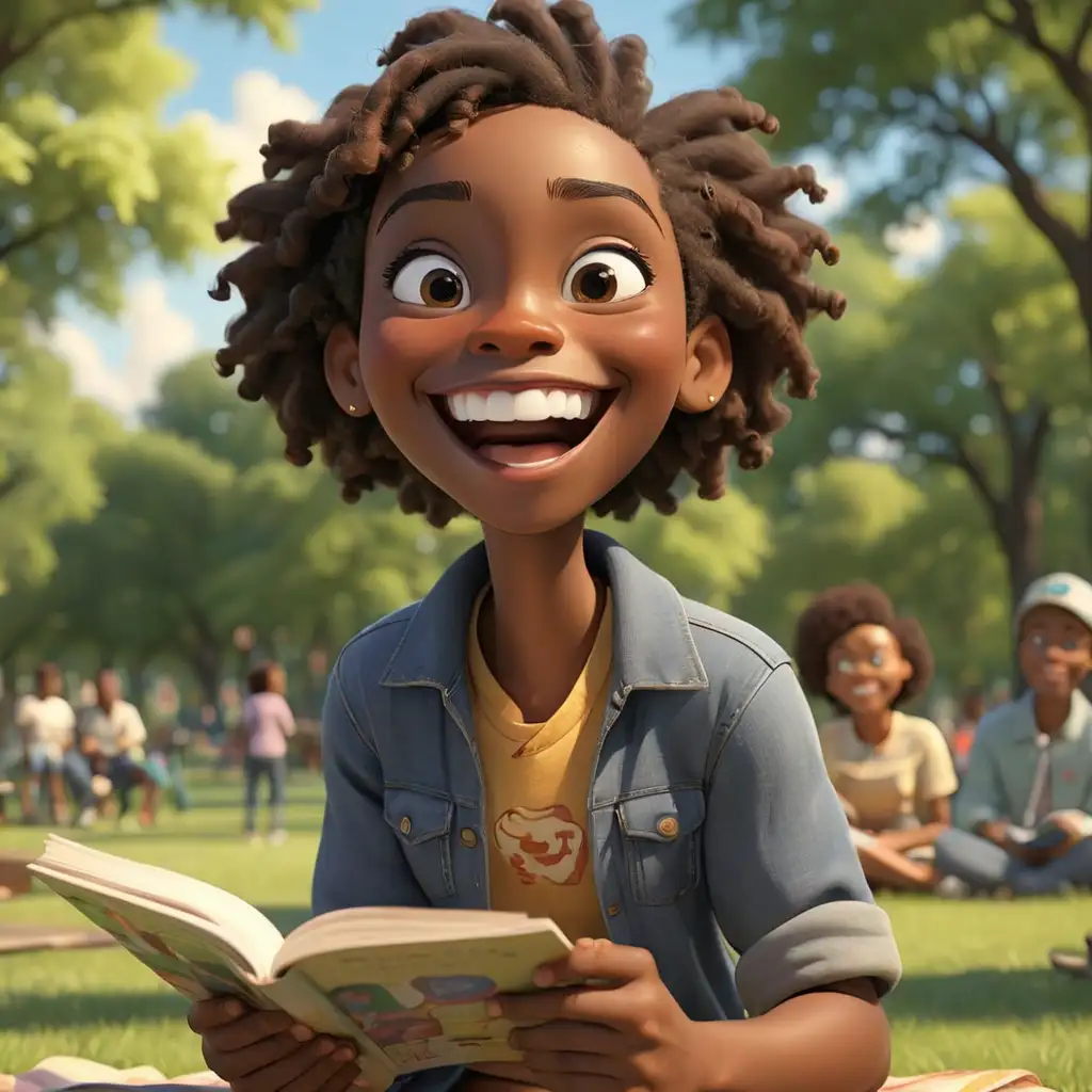 defined 3D cartoon-style African American telling a story in the park smiling  
