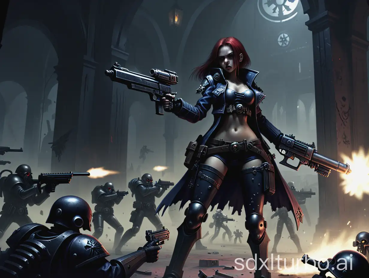 game concept art, girl shoot with gun at enemy, only one girl at scene, grimdark, warhammer 40k