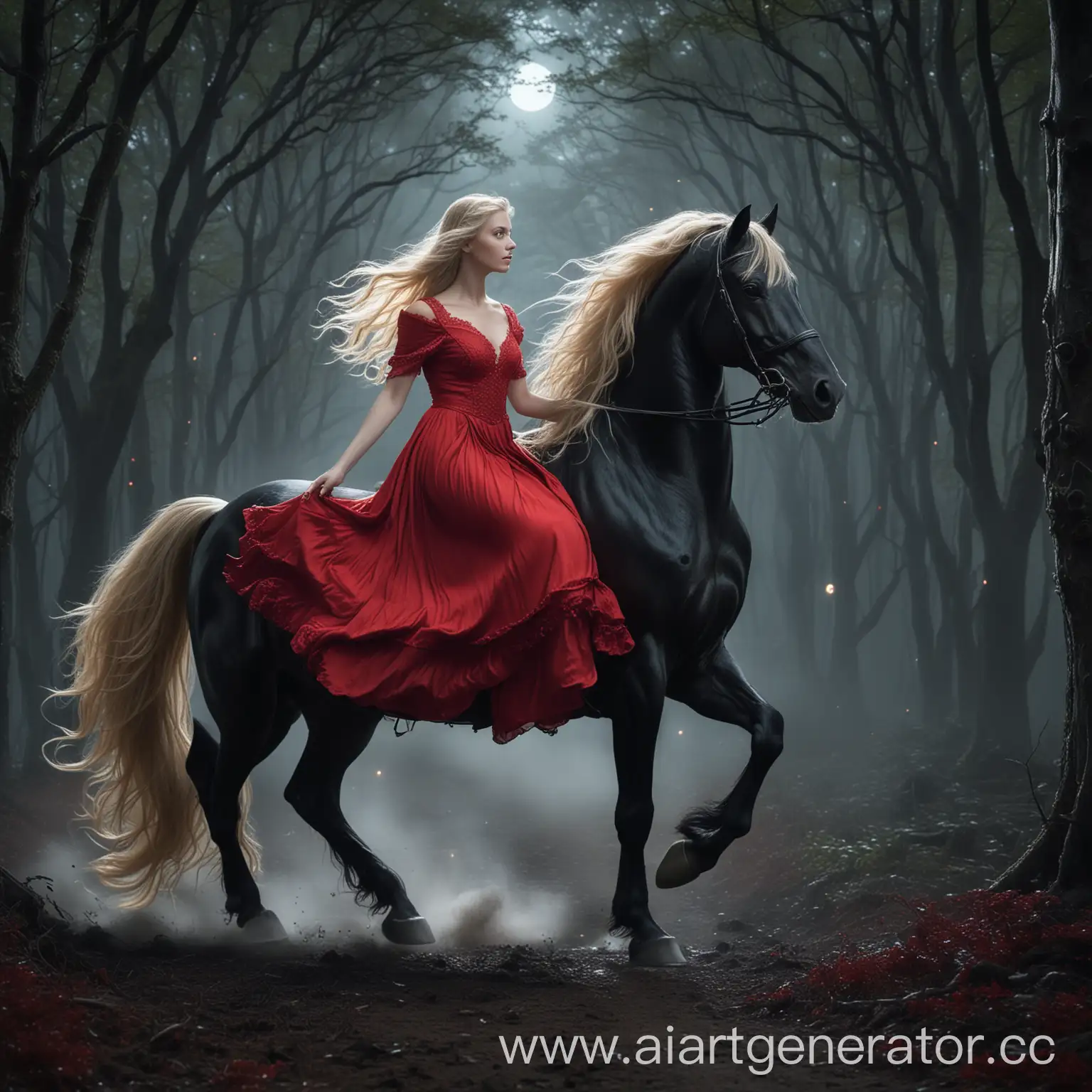 A charming woman with long blonde hair and sparkling blue eyes, dressed in a flowing red dress, rides a magnificent black stallion through a moonlit forest, the moonlight casts a magical glow on her and her steed.
