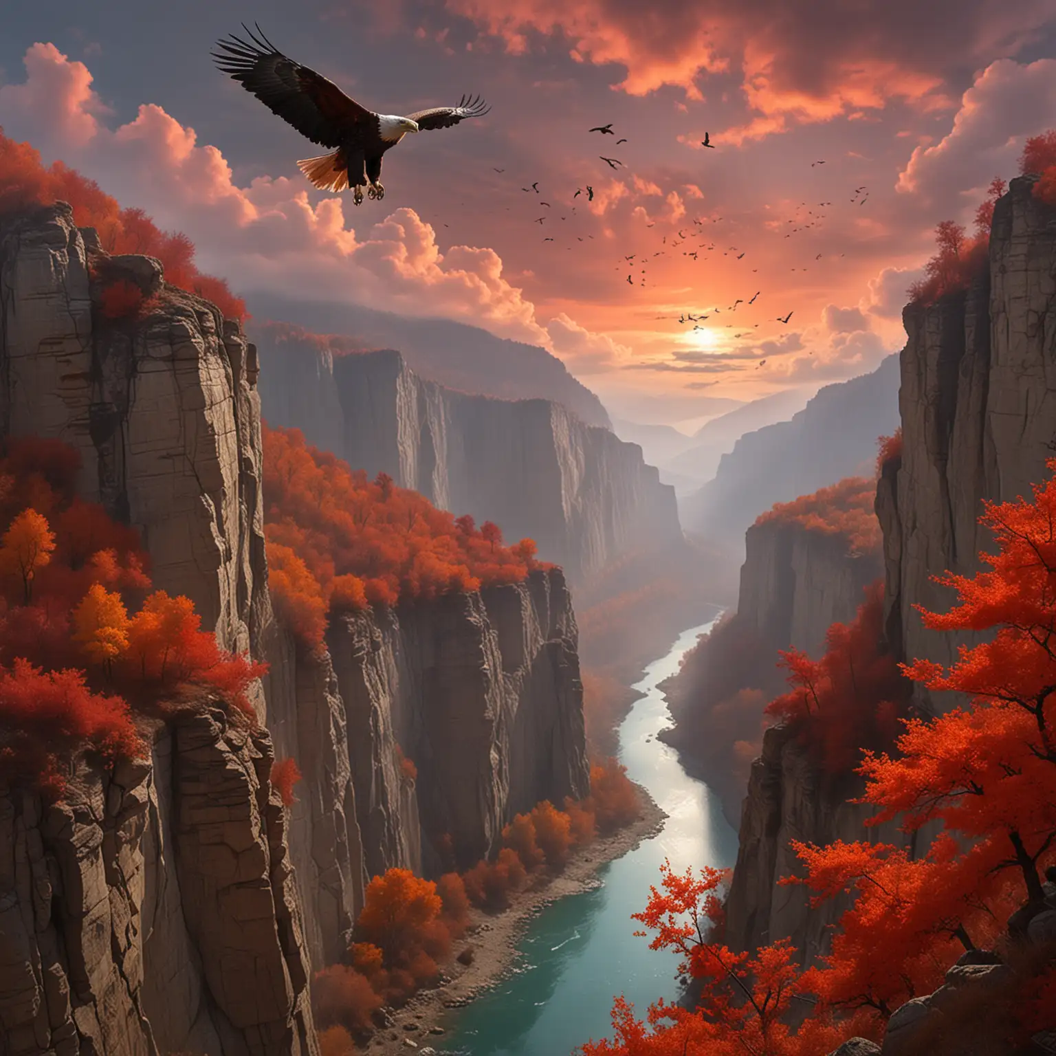 在高耸开阔的峡谷之巅，远处有落霞与孤鹜齐飞，秋水共长天一色的美景