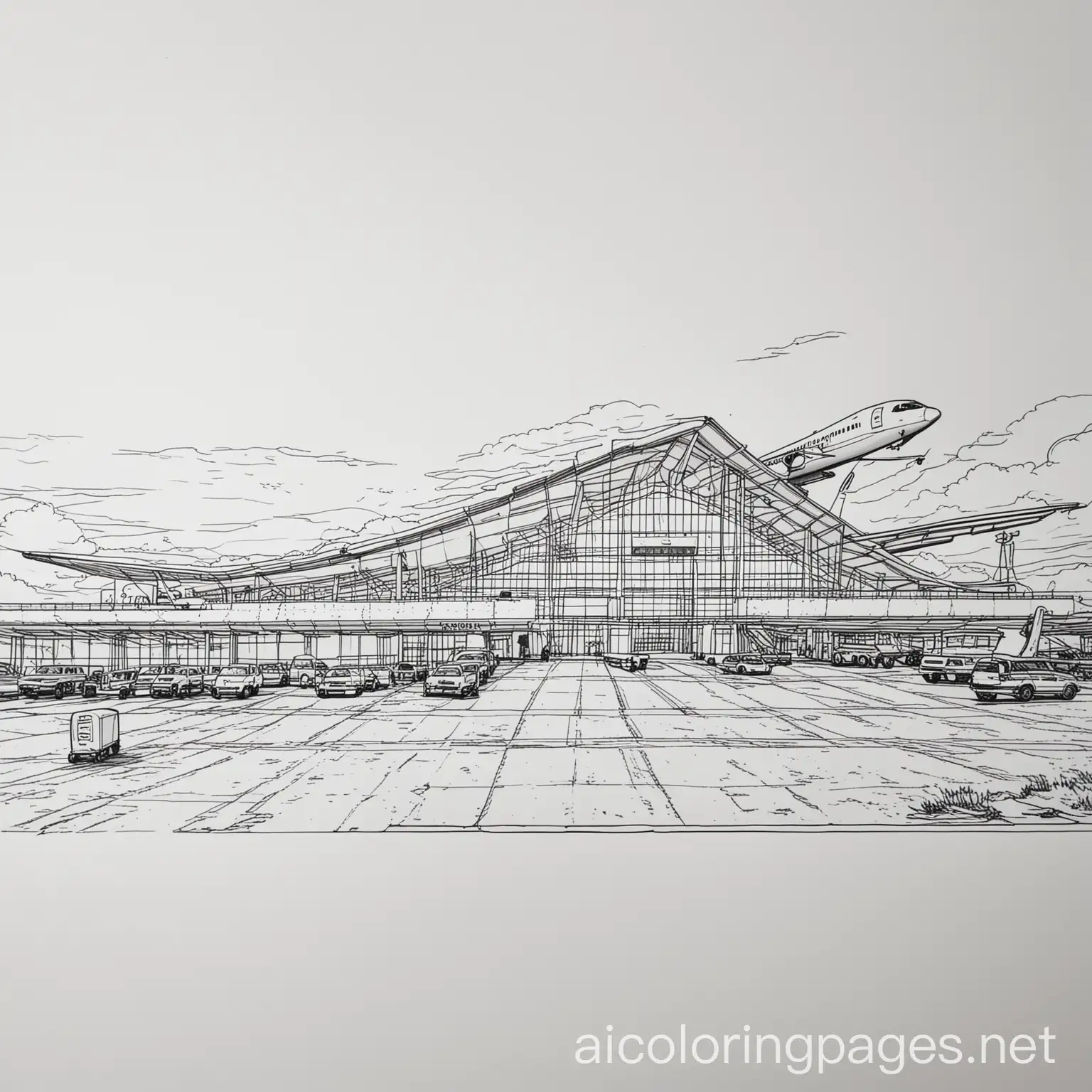 airport, Coloring Page, black and white, line art, white background, Simplicity, Ample White Space. The background of the coloring page is plain white to make it easy for young children to color within the lines. The outlines of all the subjects are easy to distinguish, making it simple for kids to color without too much difficulty